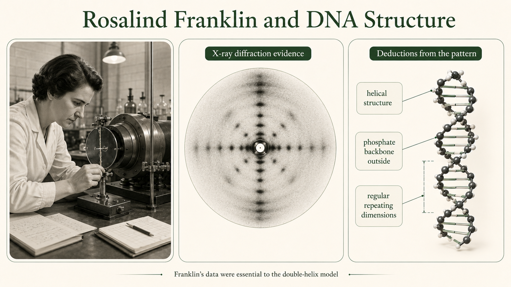 Rosalind Franklin’s X-ray diffraction work is connected to Photograph 51 and the resulting DNA double-helix model.