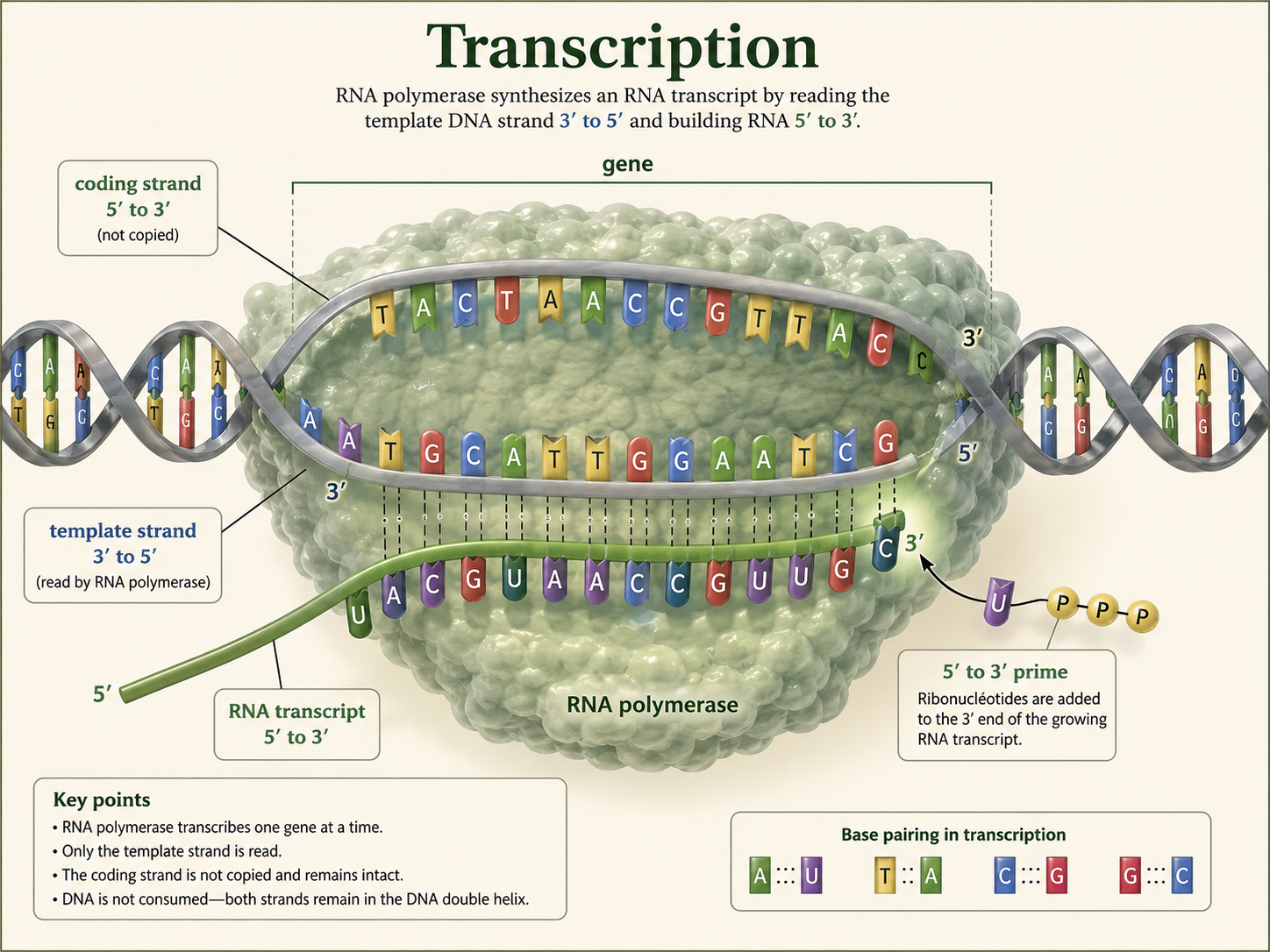 RNA is synthesized from one DNA template strand, with the transcript growing in the 5 prime to 3 prime direction.