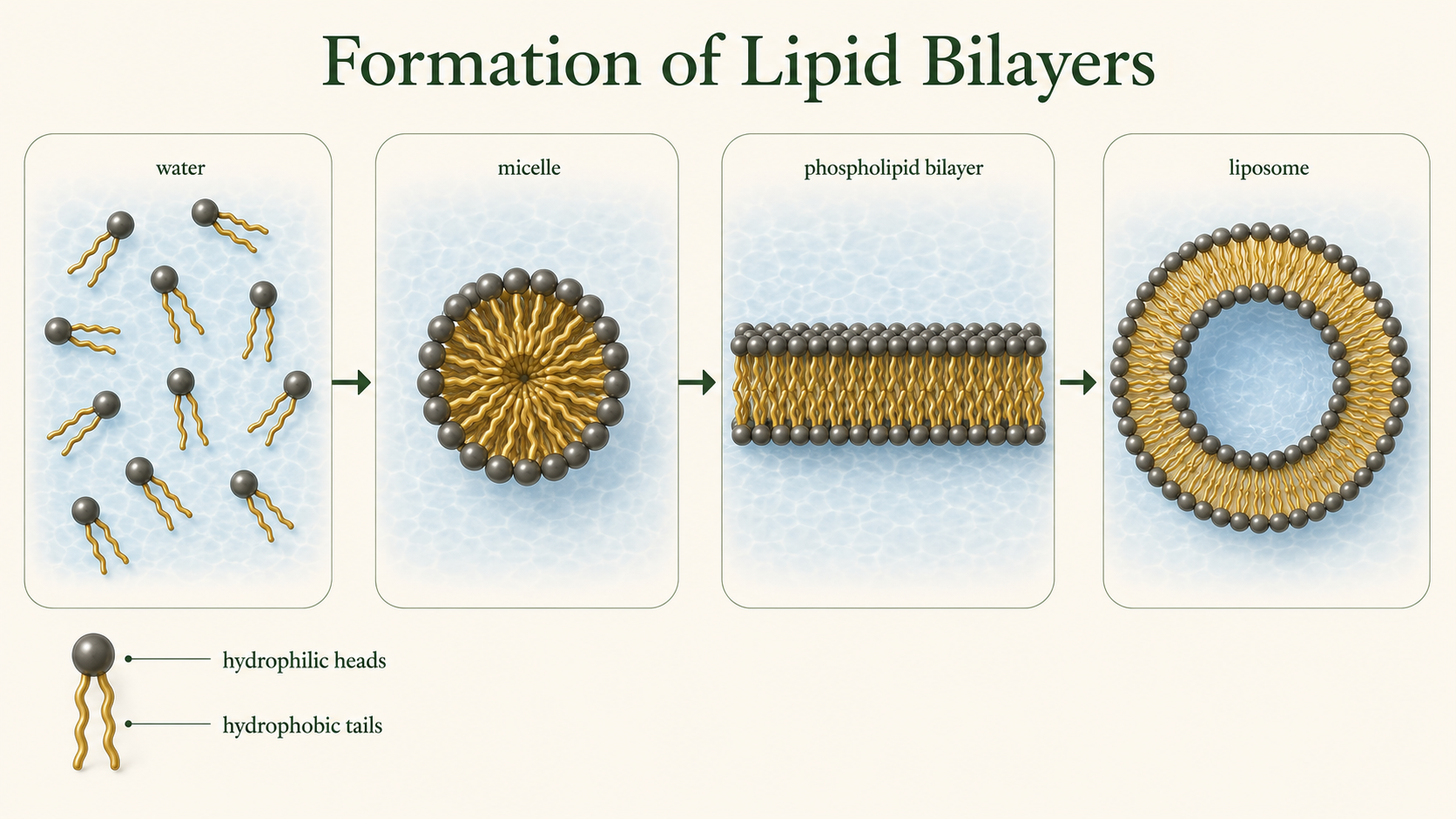 Phospholipids in water self-assemble into a micelle, a bilayer, and a closed vesicle with tails protected from water.