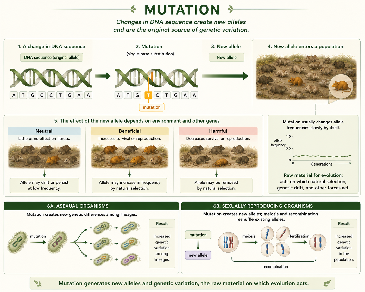 A DNA mutation creates a new allele that enters a population and may be neutral, harmful, or beneficial depending on the environment.