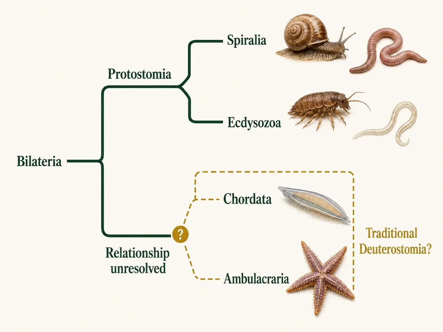 Bilaterian phylogeny showing Protostomia divided into Spiralia and Ecdysozoa. Chordata and Ambulacraria are shown as traditional deuterostome lineages, with an unresolved branch marking uncertainty about their deepest relationship.