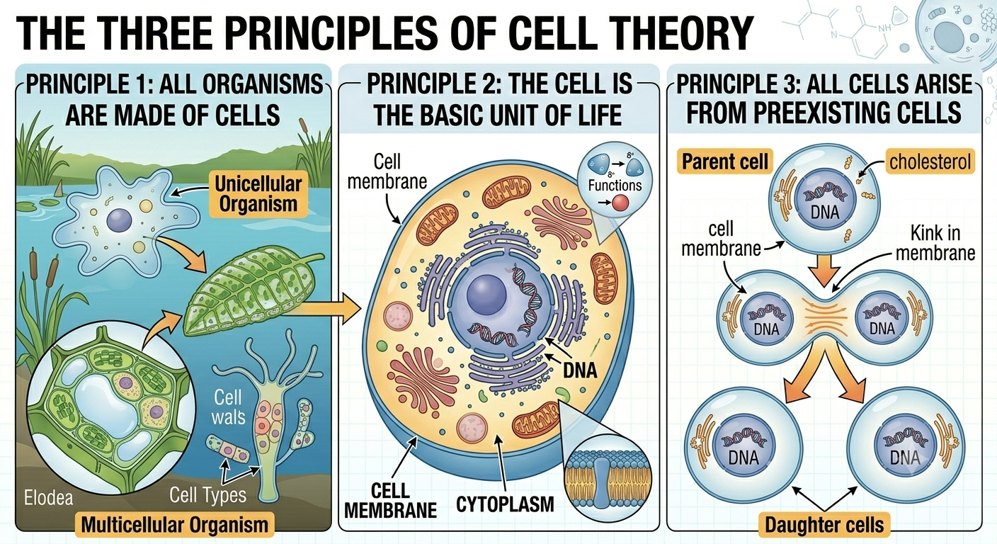 The three principles of cell theory. Cell theory states that all living organisms are composed of cells, the cell is the basic unit of life, and all cells arise from preexisting cells through cell division.