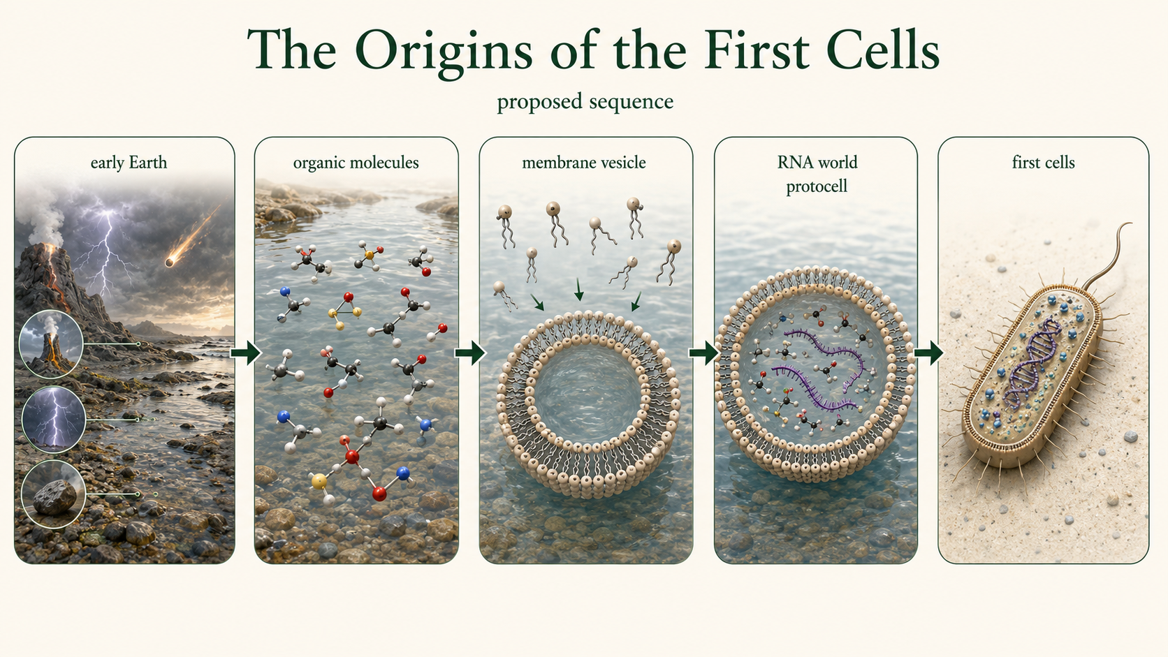 Early-Earth organic molecules assemble into a membrane vesicle that encloses RNA-like molecules and develops into a simple protocell.