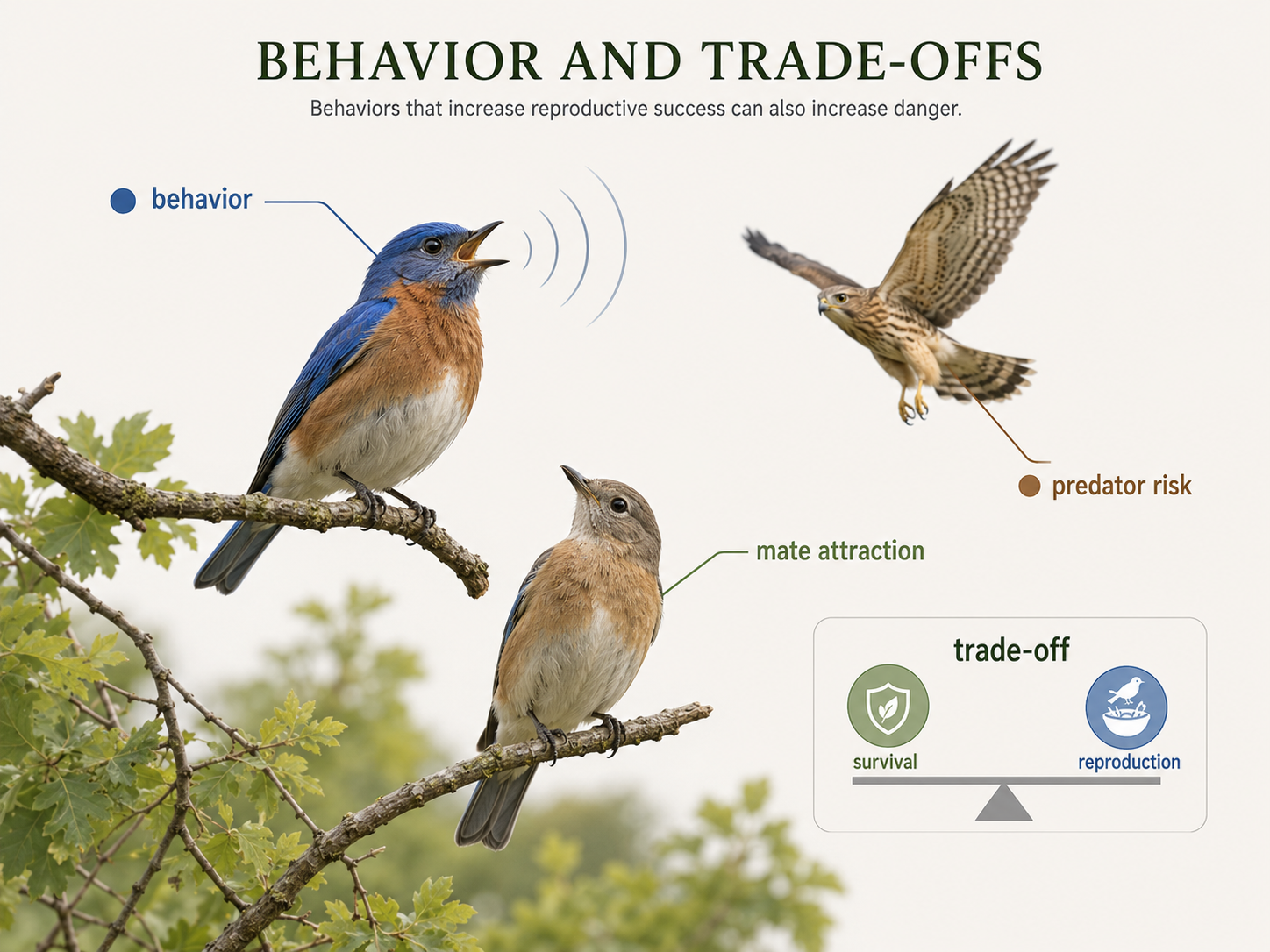 Alt text: A male bird sings from a branch. A female bird is nearby, and a predator is visible in the background, showing how one behavior can affect both reproduction and survival.
