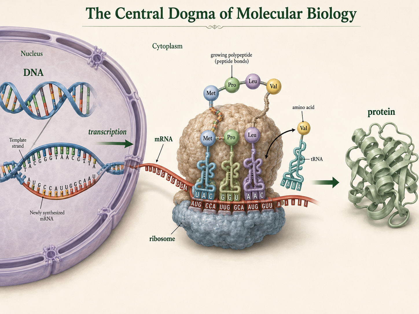 DNA is transcribed into mRNA, which is translated by a ribosome into a polypeptide that folds into a protein.