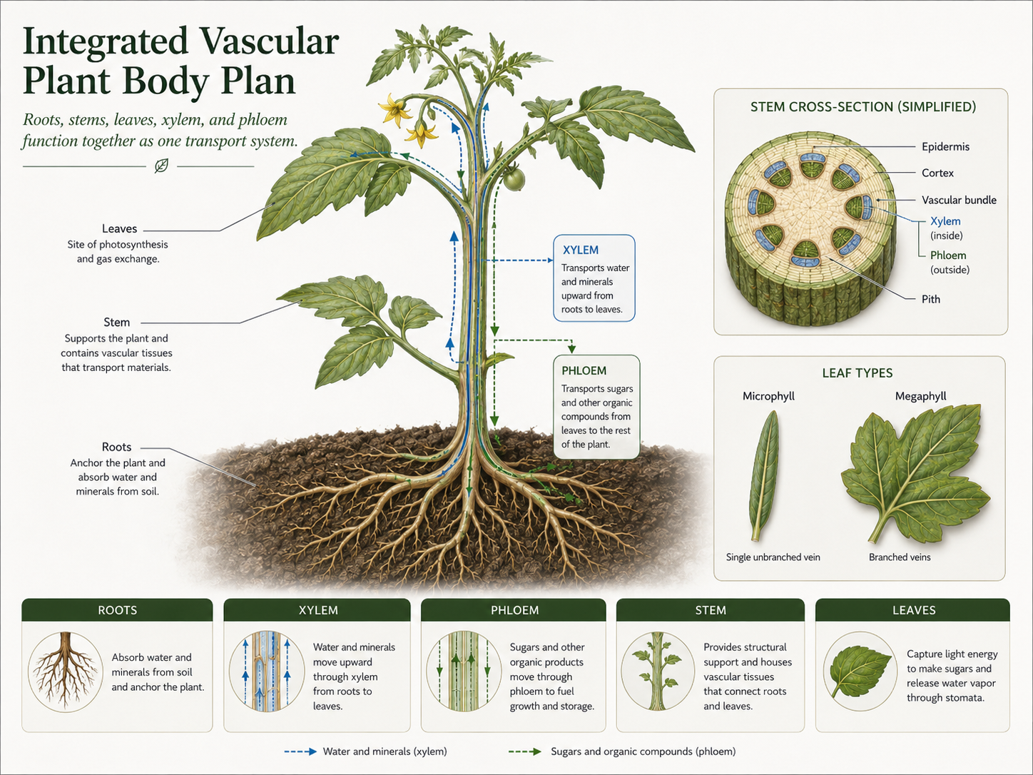 Vascular Plant Organs. Roots absorb water and minerals, stems support and connect the plant body, and leaves capture light for photosynthesis. Xylem and phloem link these organs into a single transport system.