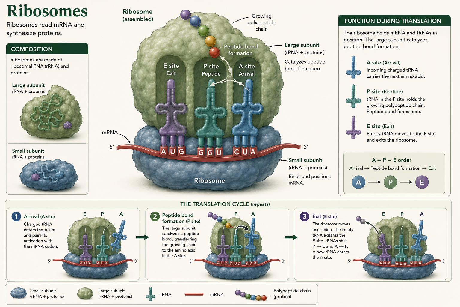 A ribosome shows small and large subunits with A, P, and E sites for tRNA movement during translation.