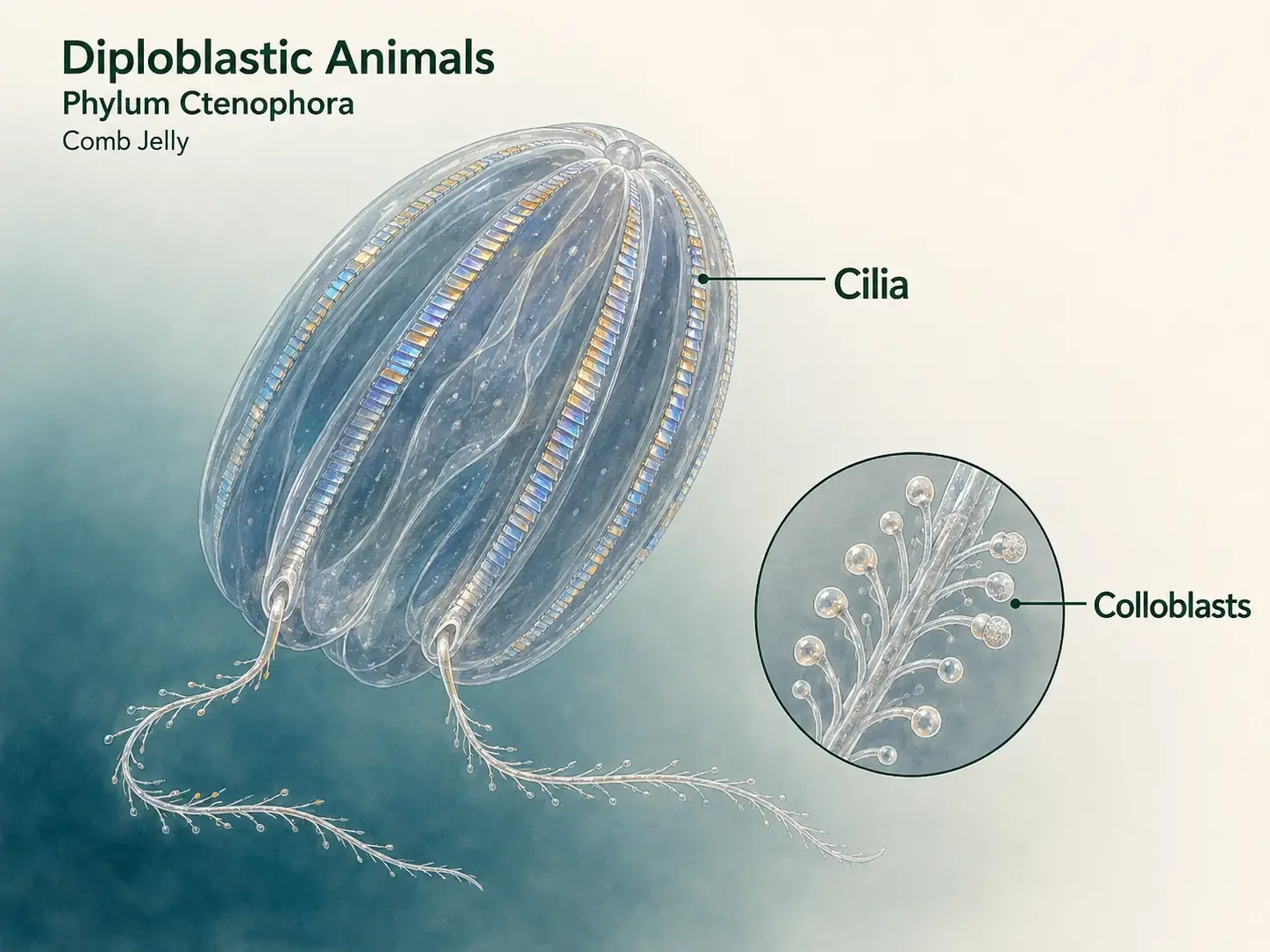 Comb jelly with rows of cilia along the outside of the body and prey-capturing structures.
