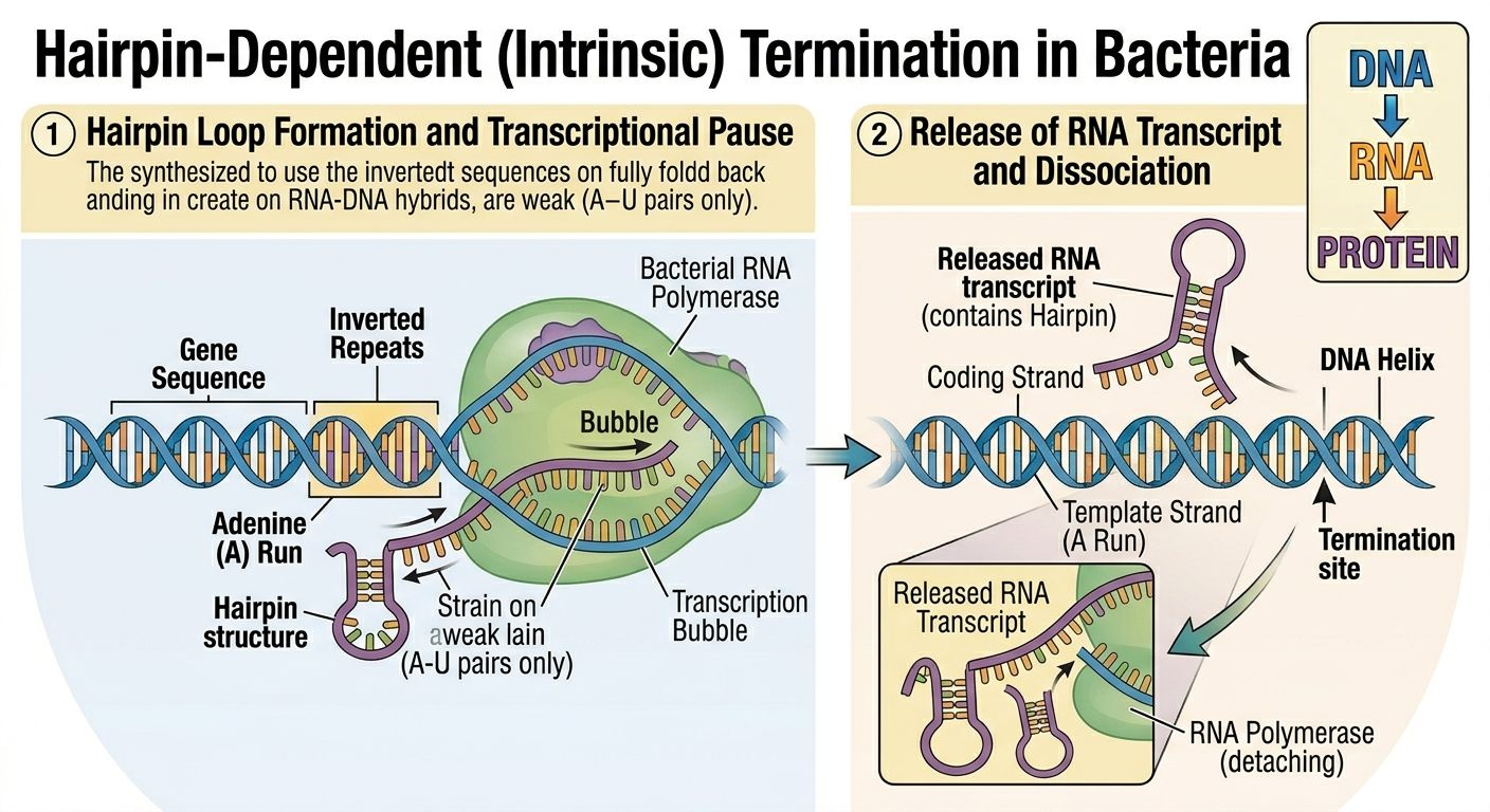 Formation of an RNA hairpin destabilizes transcription and causes termination in many bacterial genes.
