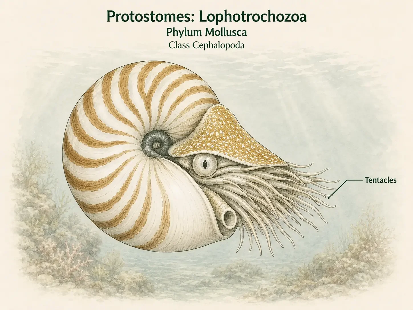 A nautilus with a coiled external shell and many tentacles surrounding the head.