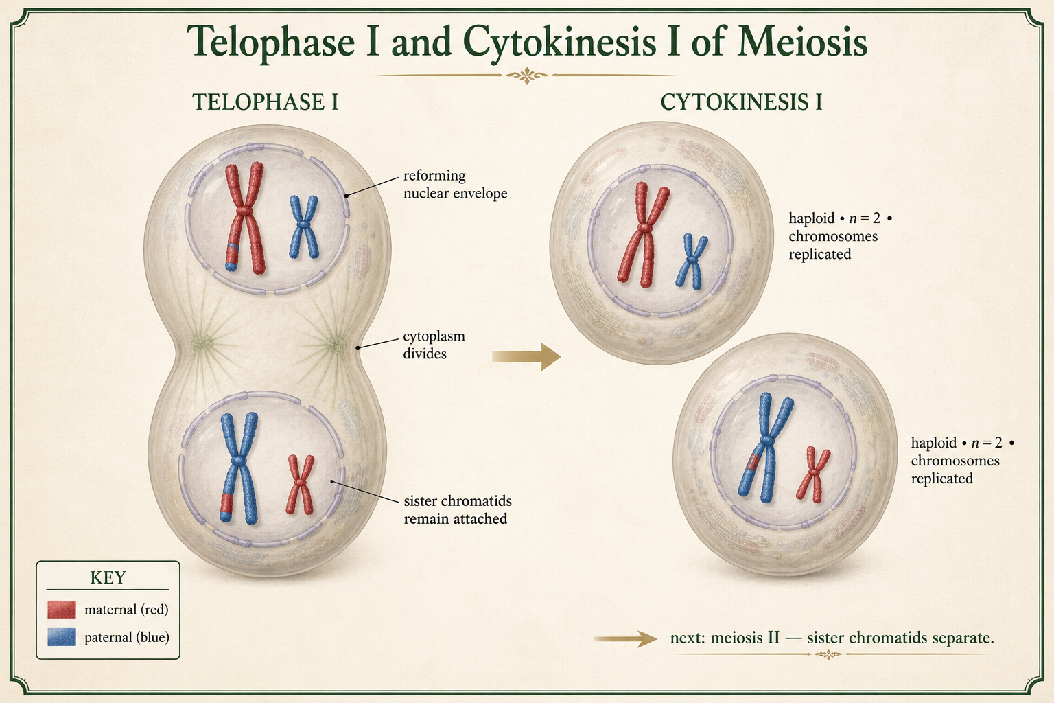 Telophase I and cytokinesis I produce two haploid cells with replicated chromosomes still attached as sister chromatids.