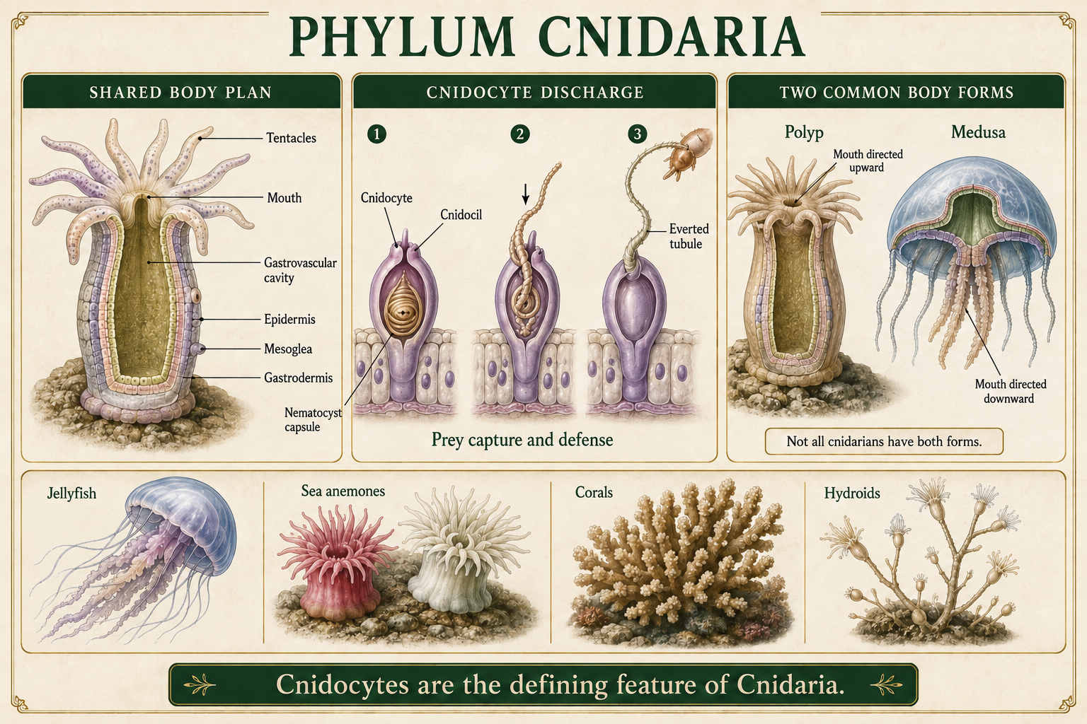 Cnidarian body plan, nematocyst discharge, polyp and medusa forms, and examples of major cnidarian groups.