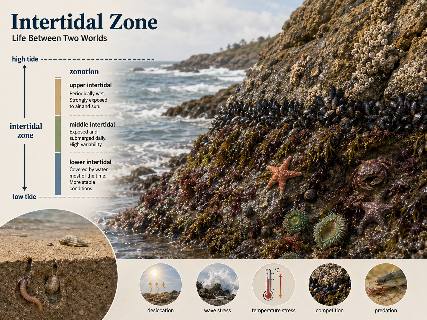 Alt text: A rocky shoreline shows high and low tide lines with barnacles, mussels, algae, sea stars, crabs, snails, and anemones arranged in visible bands.