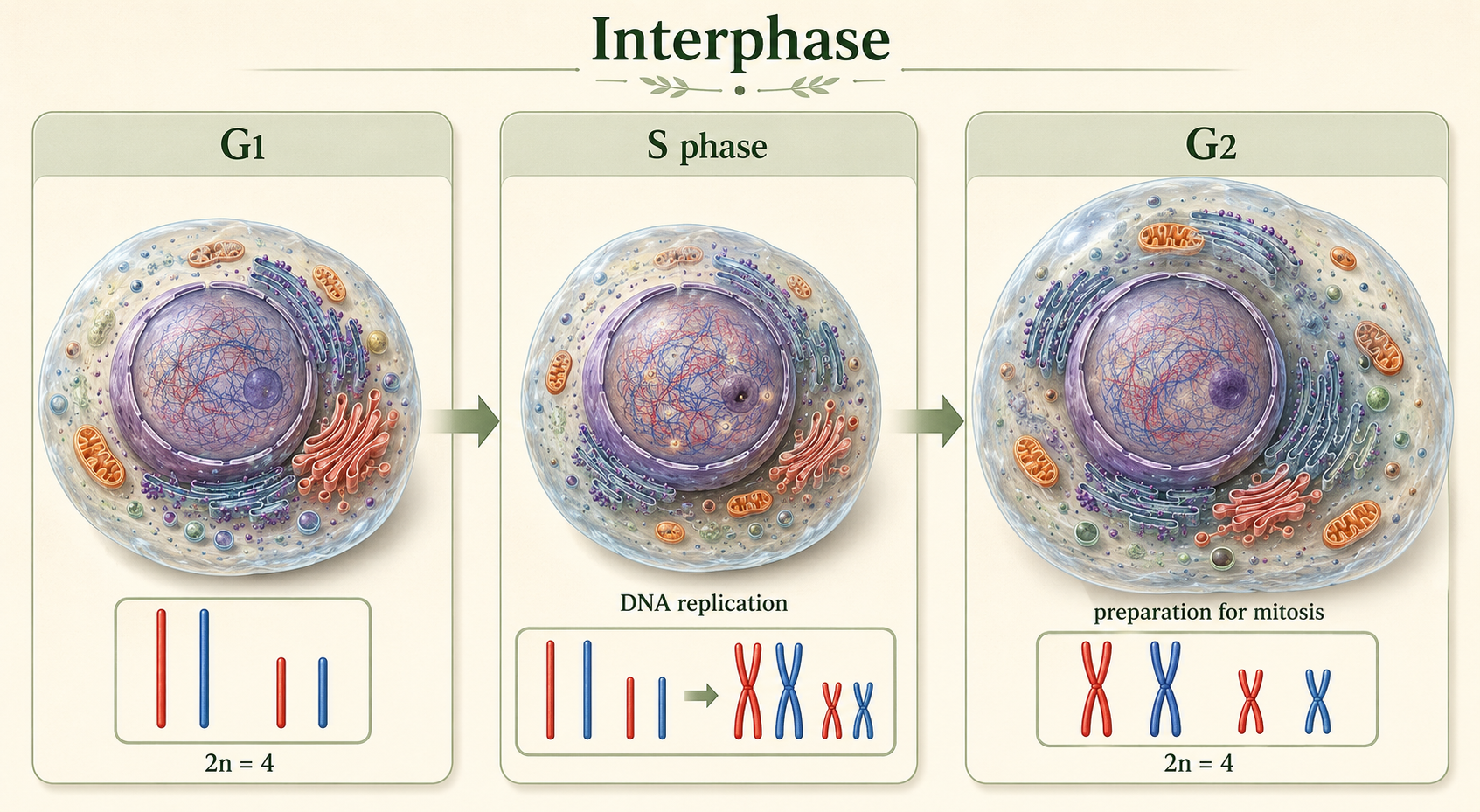 Three-panel view of interphase shows cell growth in G1, DNA replication in S phase, and preparation for mitosis in G2.