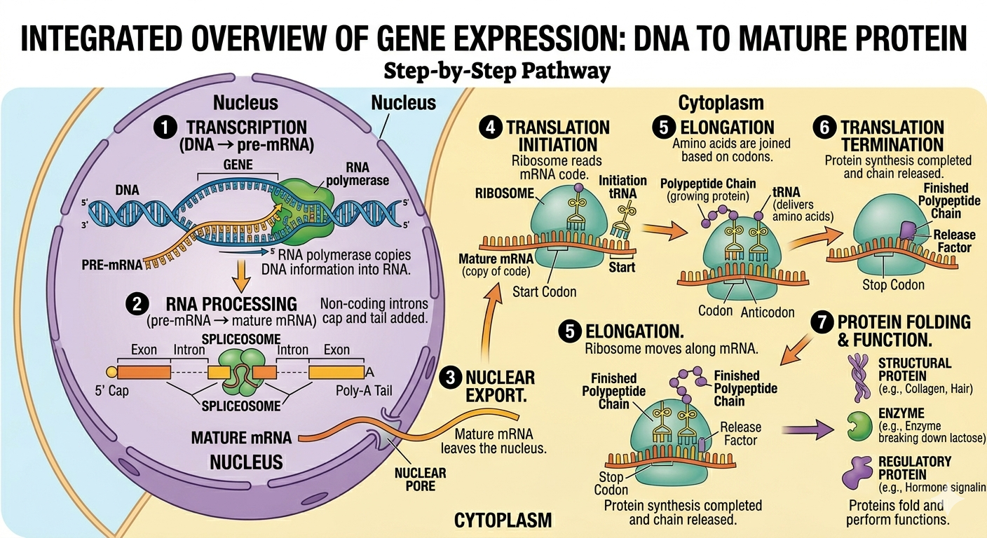 Gene expression converts information stored in DNA into functional proteins through transcription, RNA processing, and translation.
