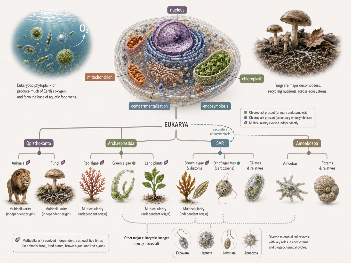 Eukaryotic diversity was shaped by the origin of the nucleus, endomembrane system, mitochondria, chloroplasts, secondary endosymbiosis, and repeated multicellularity.