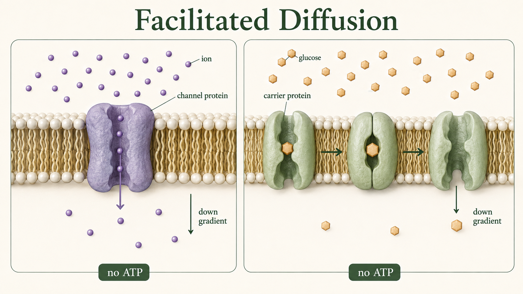 An ion channel and a glucose carrier move specific substances down their concentration gradients without ATP.