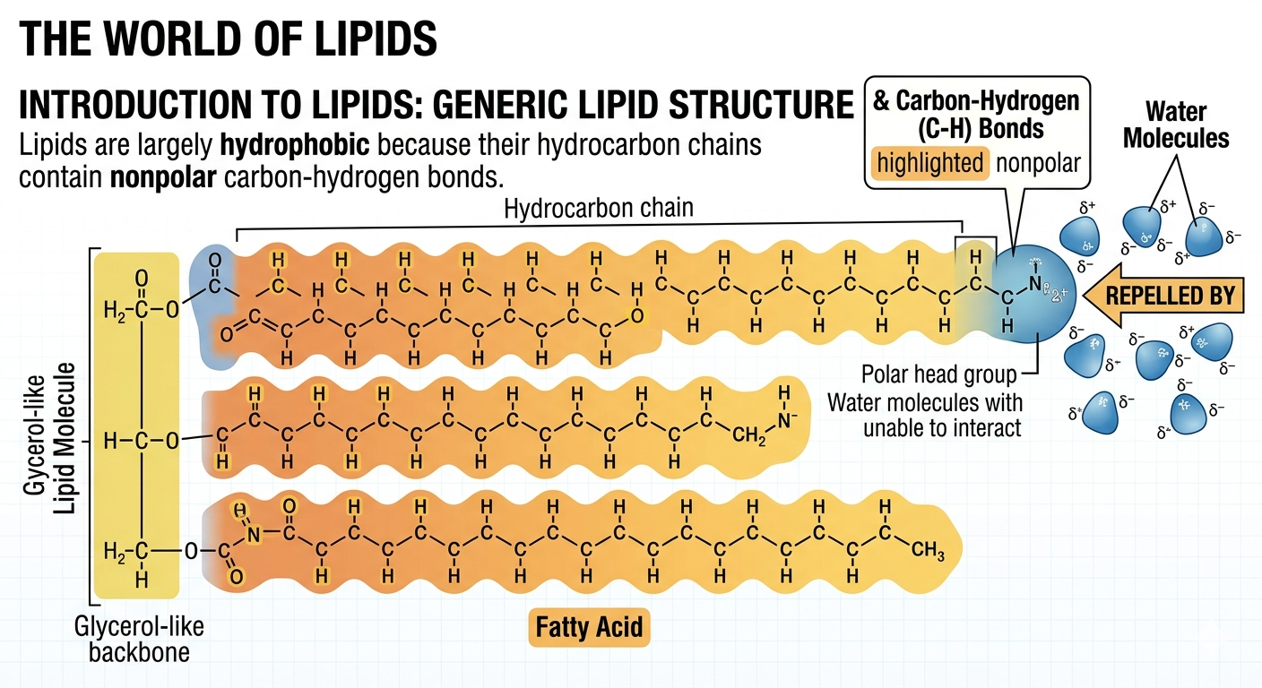 Lipids are largely hydrophobic because their hydrocarbon chains contain nonpolar carbon-hydrogen bonds.
