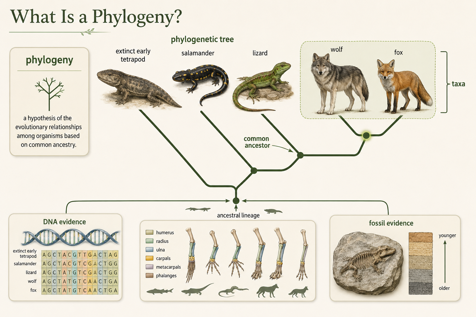 A phylogenetic tree connects taxa through common ancestors, with DNA, morphology, and fossils shown as evidence.