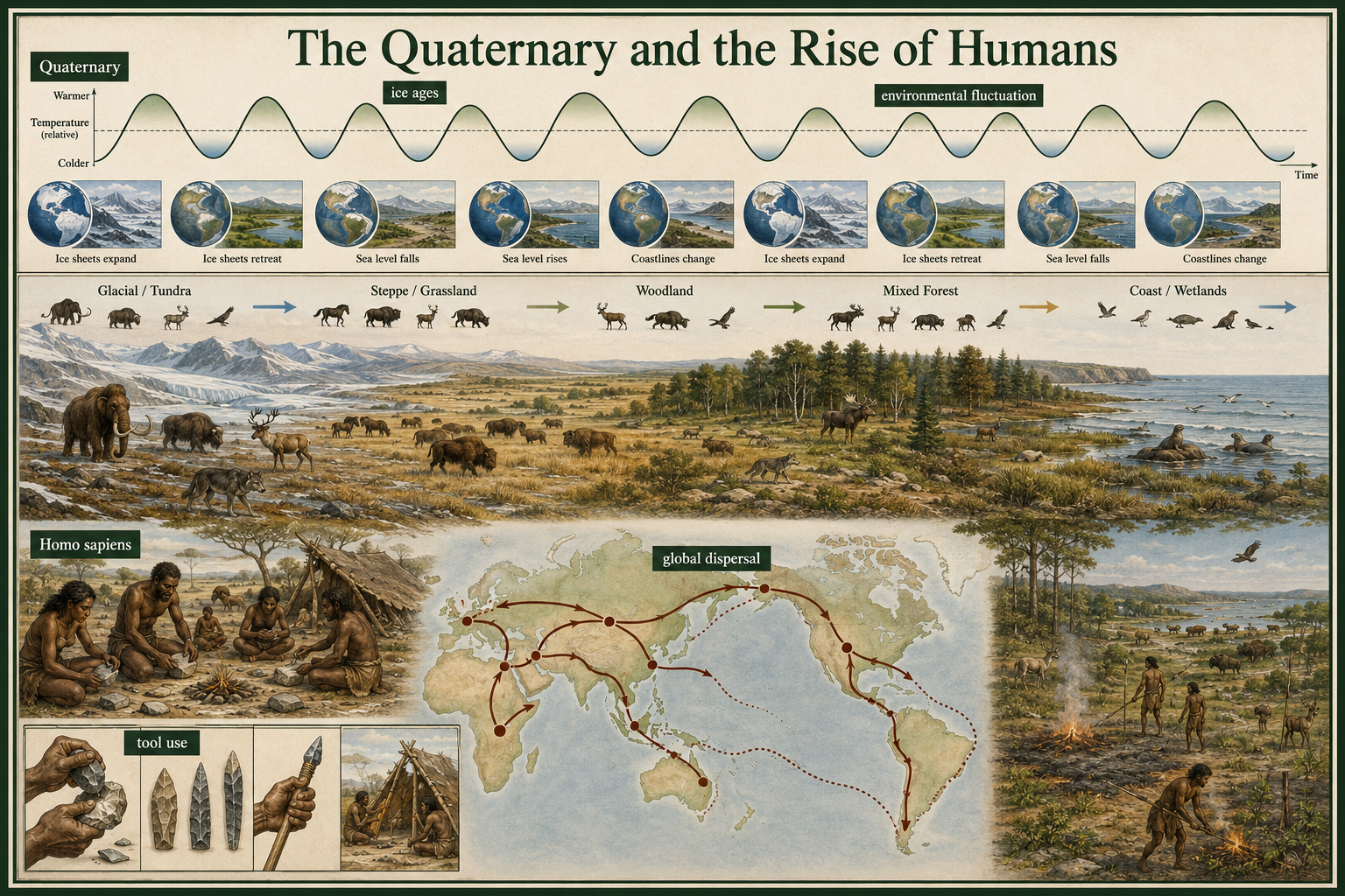 Ice age landscapes shift as Homo sapiens emerges, uses tools, disperses globally, and affects ecosystems.