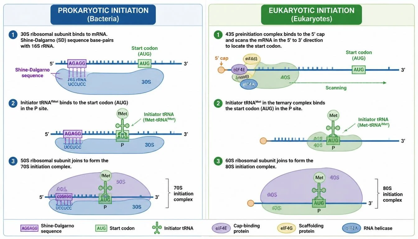 Translation initiation differs between bacteria and eukaryotes but both position the ribosome at the start codon.