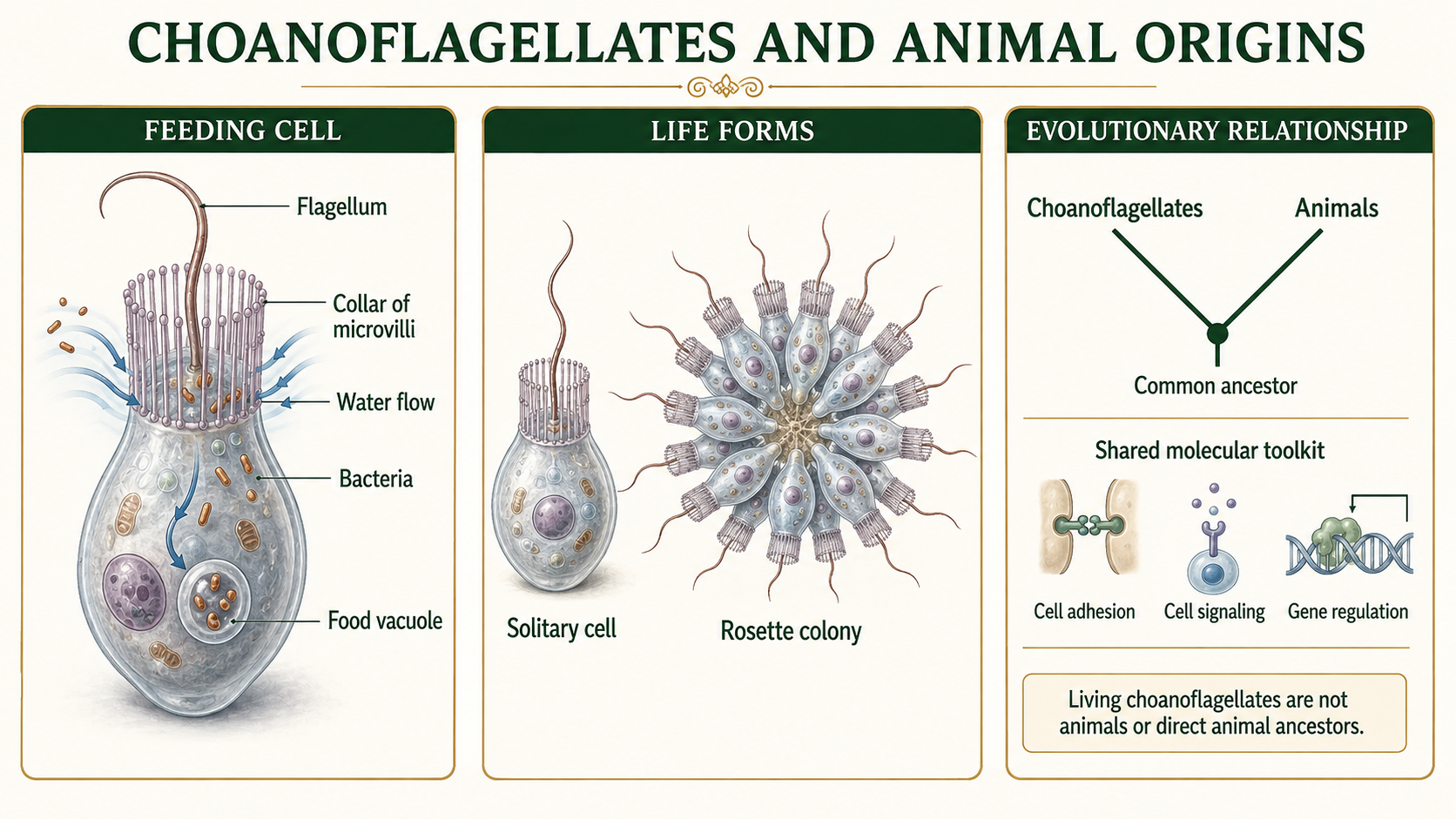 Infographic showing choanoflagellate feeding, solitary and rosette forms, and the sister relationship between choanoflagellates and animals.