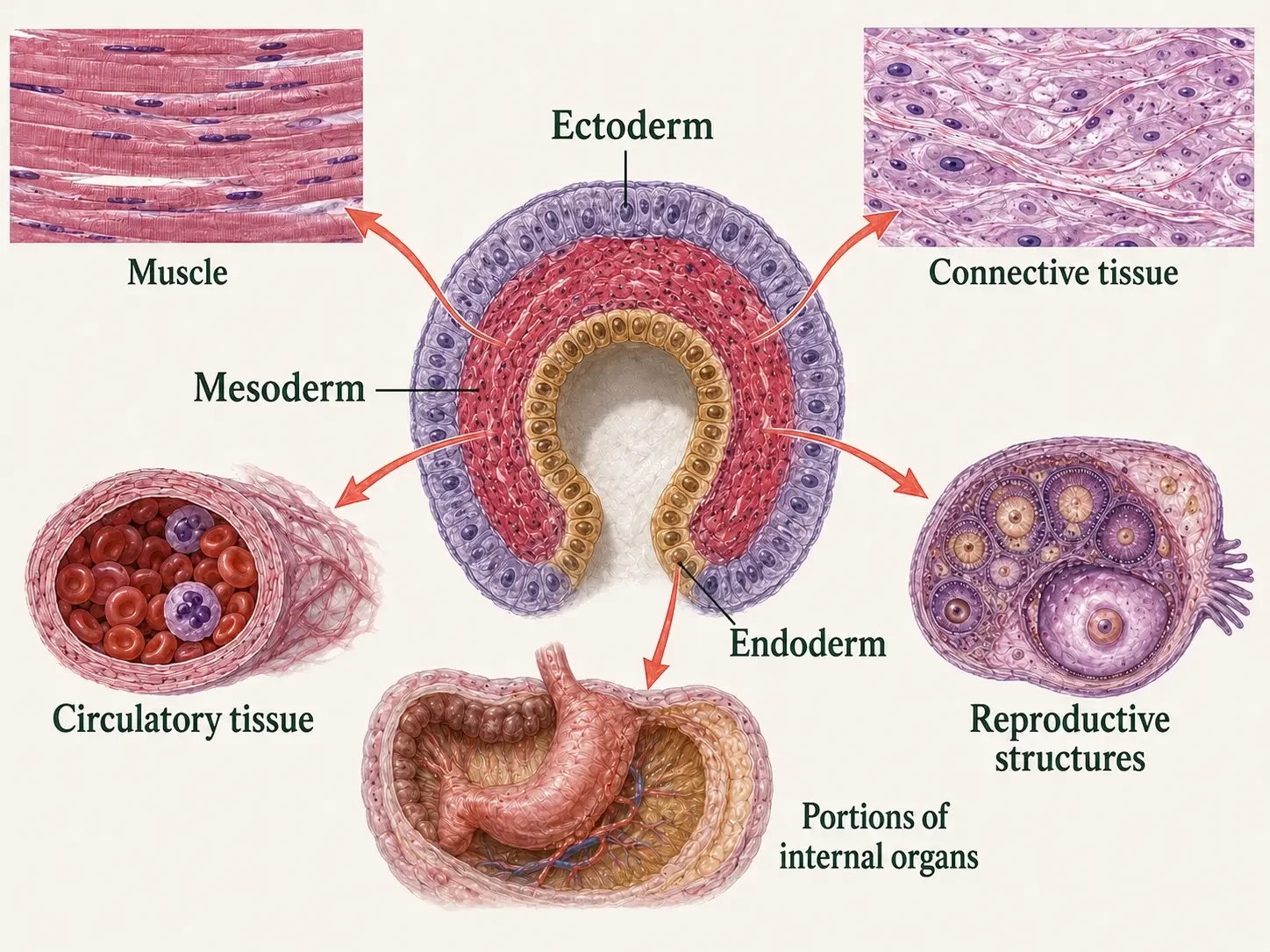 Embryonic cross-sections show mesoderm forming between ectoderm and endoderm, with examples of mesoderm-derived muscle, connective and circulatory tissues, reproductive structures, and portions of internal organs.