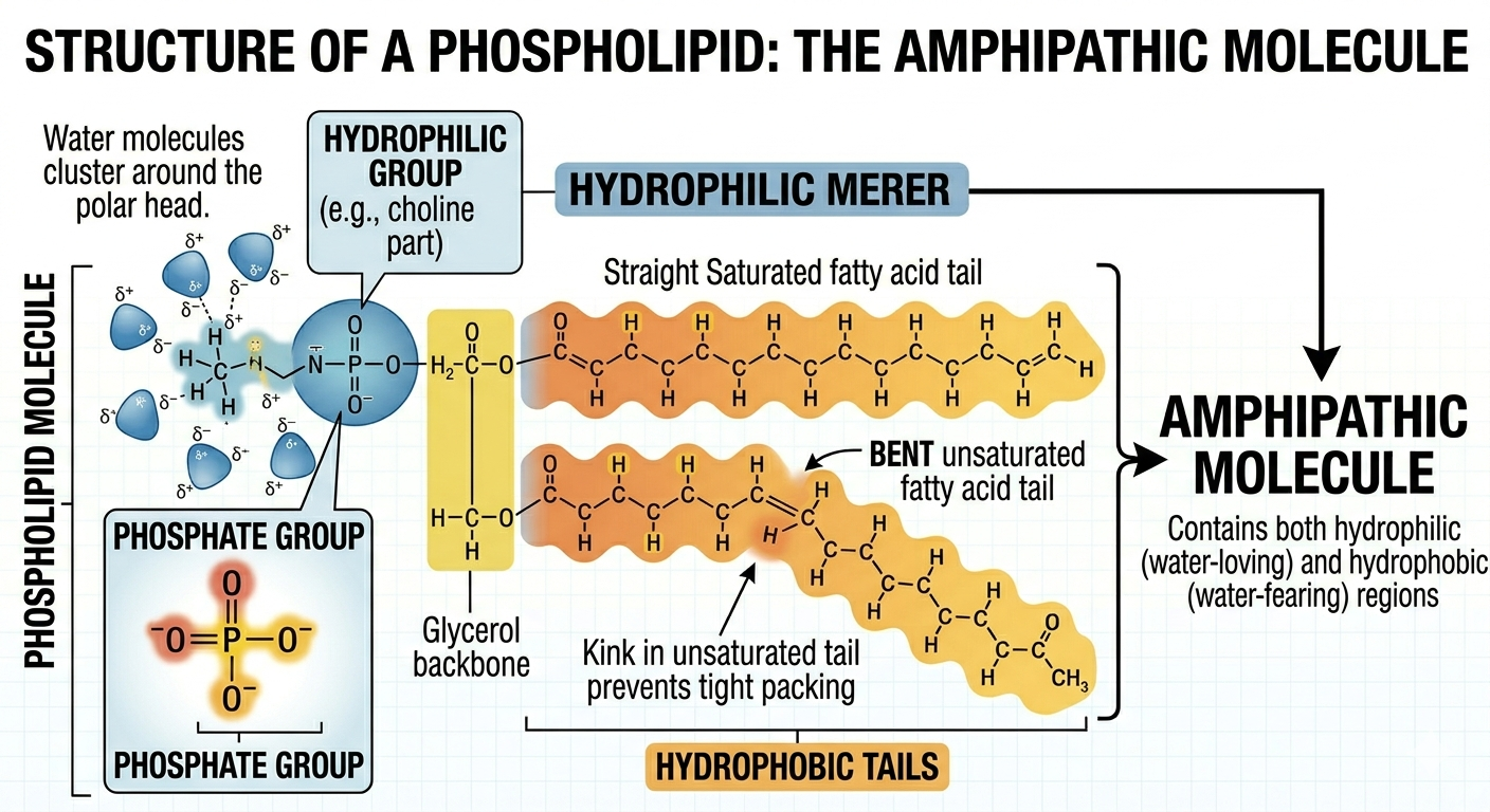 Phospholipids possess both hydrophilic and hydrophobic regions making them amphipathic molecules.