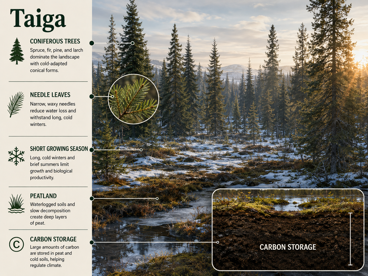 A northern conifer forest shows spruce or pine trees with needle-like leaves, snow, mossy ground, and a soil or peat inset representing stored carbon.