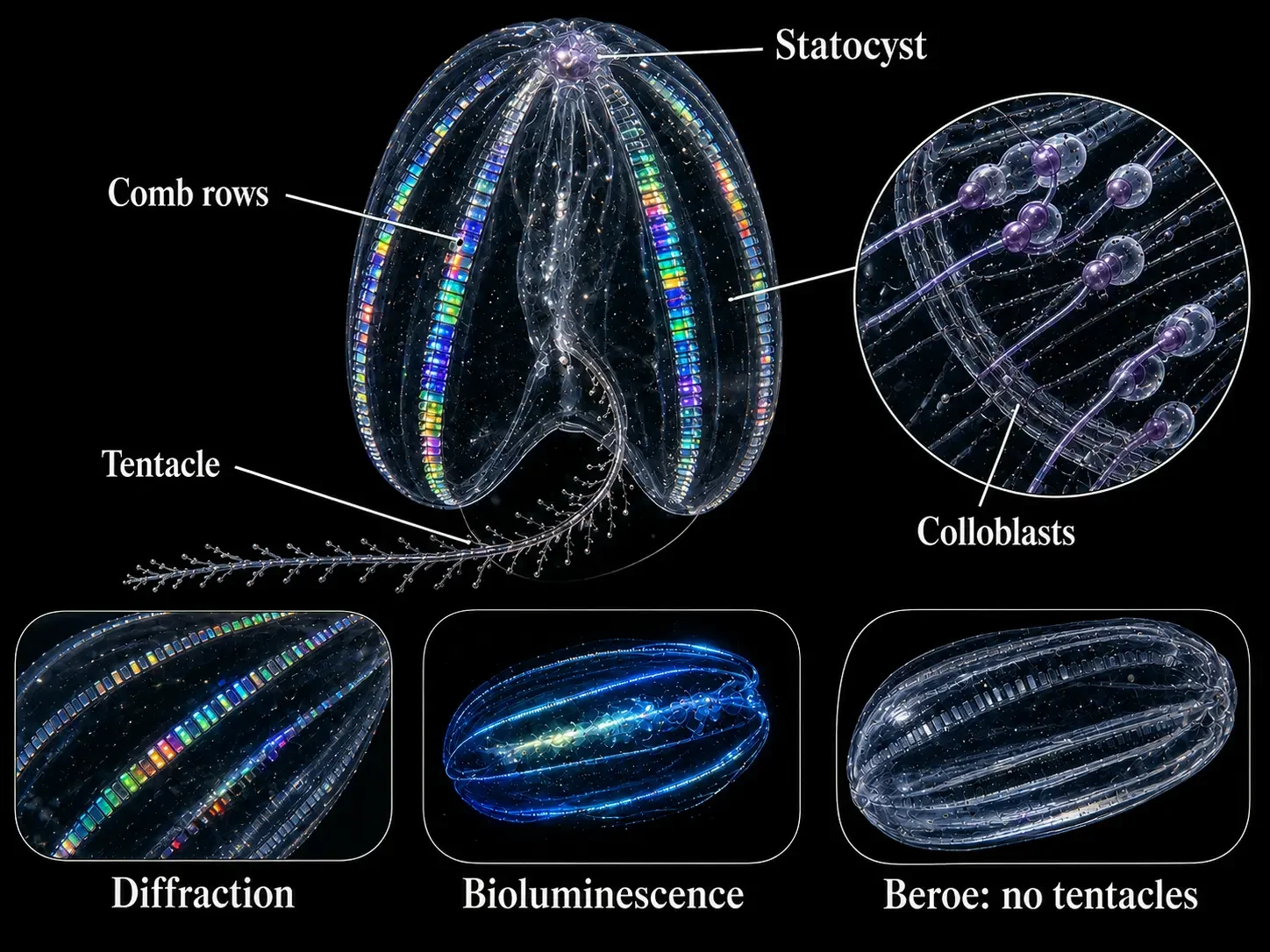 Comb jelly with eight comb rows, an aboral statocyst, branching digestive canals, and tentacles bearing sticky colloblasts; labels distinguish daylight rainbow diffraction from blue-green bioluminescence.