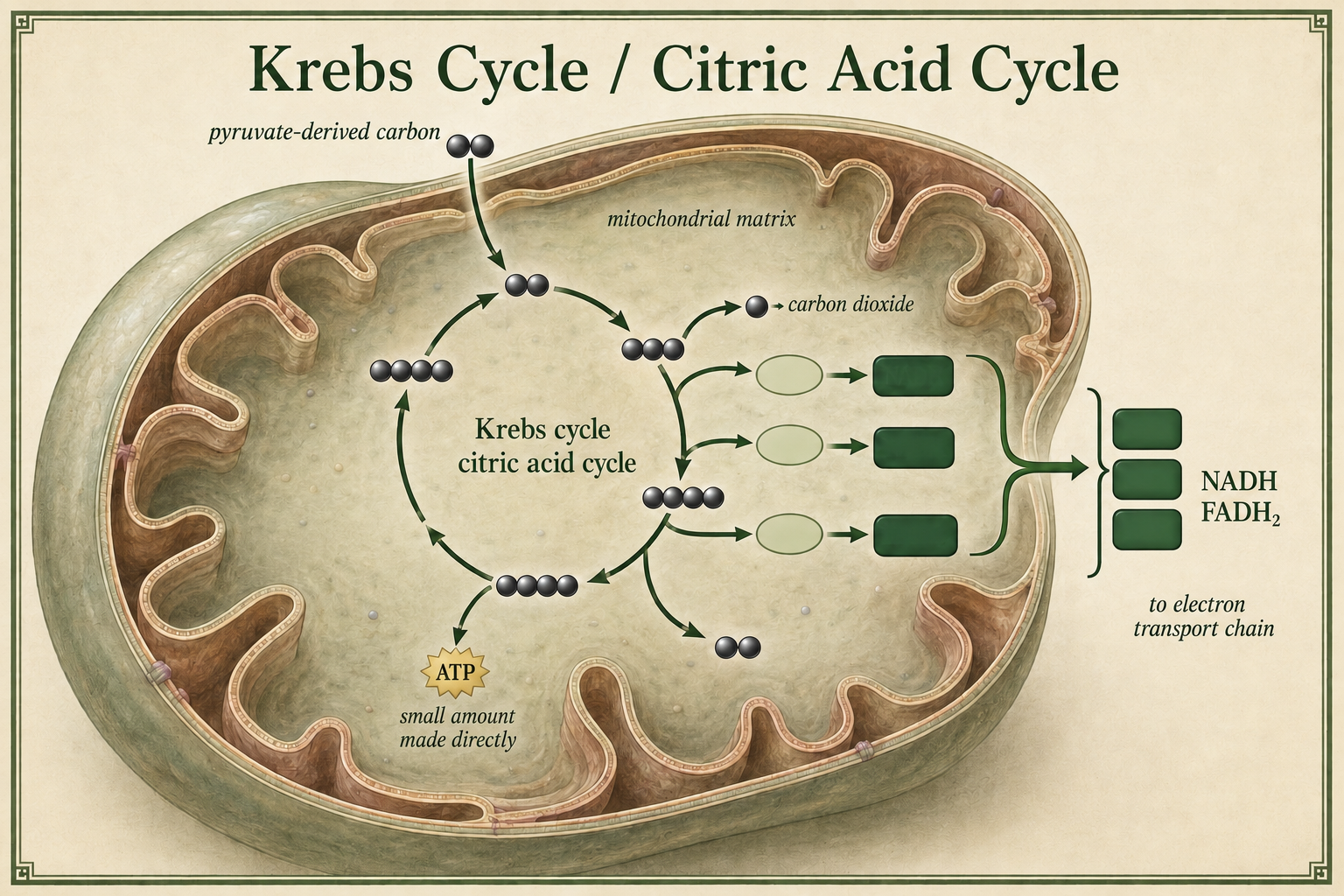 The Krebs cycle in the mitochondrial matrix releases carbon dioxide and produces NADH, FADH₂, and some ATP.