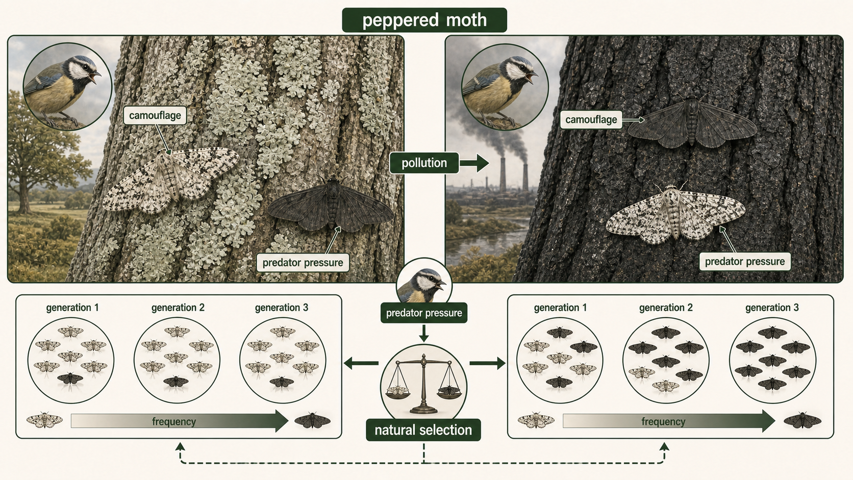 Light and dark peppered moths shift in frequency as pollution changes tree bark camouflage and predation risk.