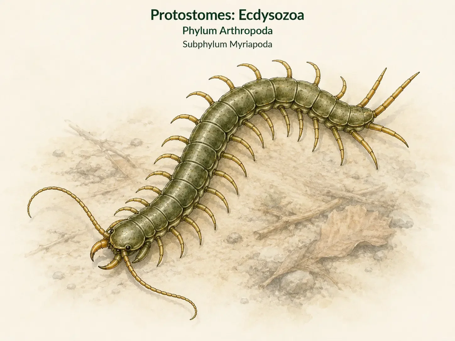 A centipede with a flattened segmented body and one pair of legs per visible segment.