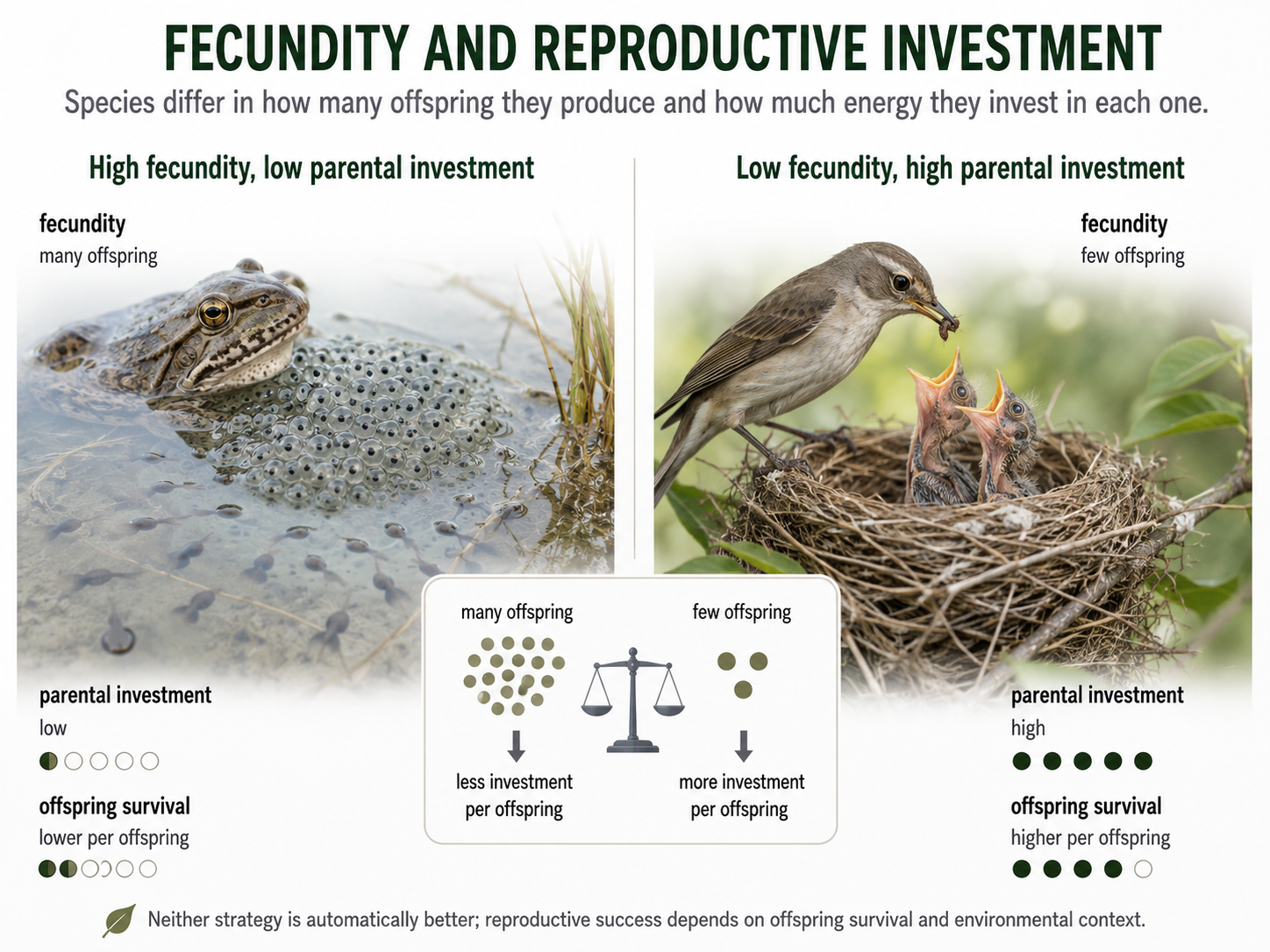 A split image compares reproductive strategies. One side shows many fish eggs, frog eggs, seeds, or insect offspring with little parental care. The other side shows a large mammal or bird caring for fewer offspring.