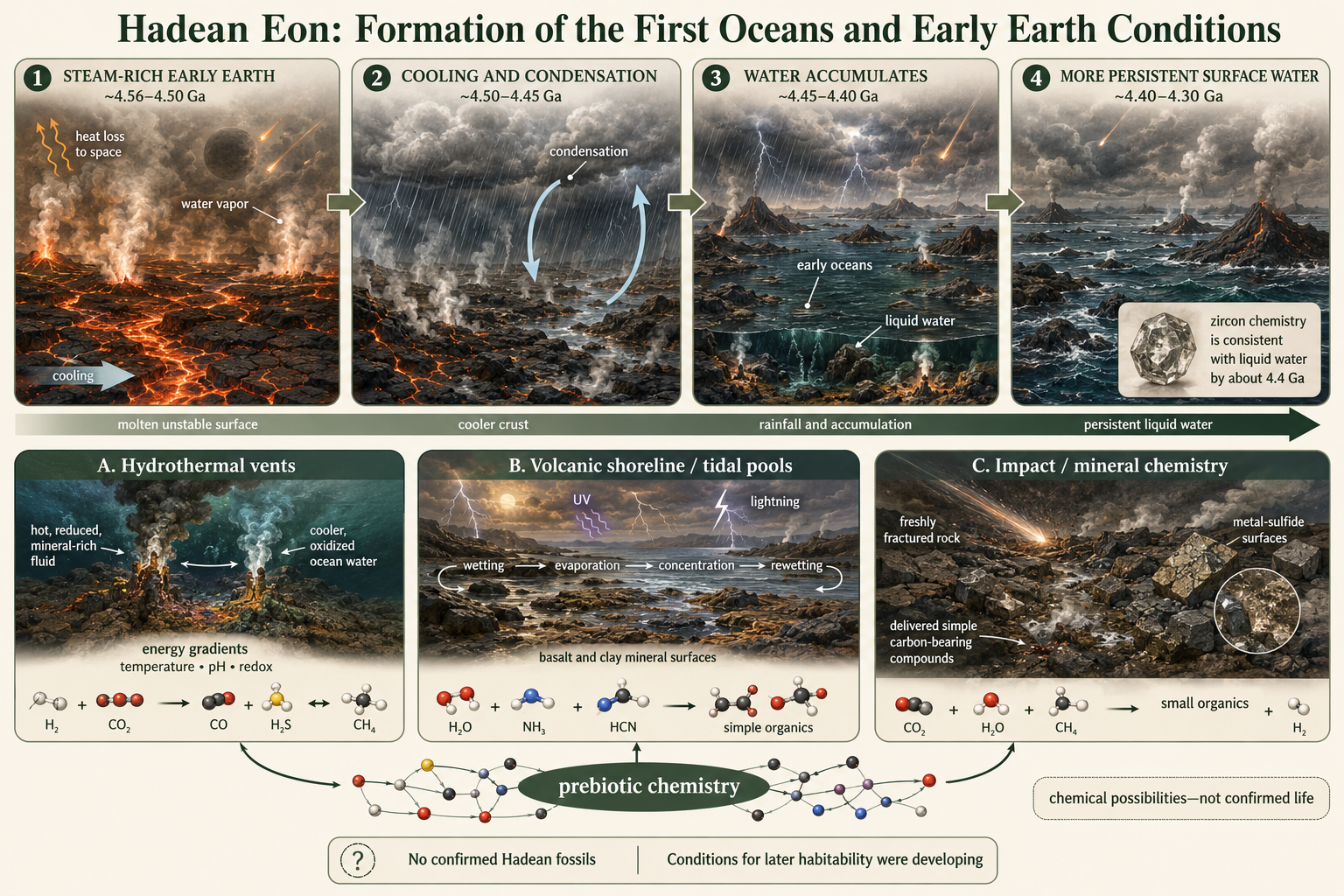 Water vapor condenses on cooling Hadean Earth, forming early oceans that support prebiotic chemical conditions.
