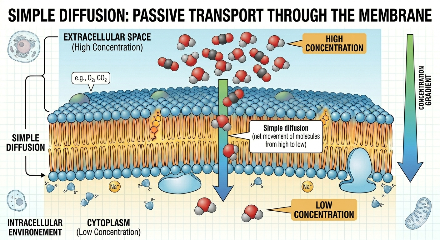 Simple diffusion allows small nonpolar molecules to move directly through the membrane down their concentration gradient.