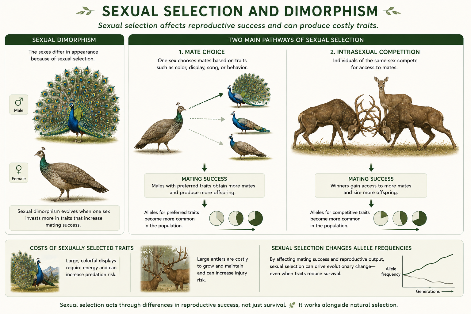 A dimorphic species shows mate choice and competition, with traits that increase mating success but may carry survival costs.