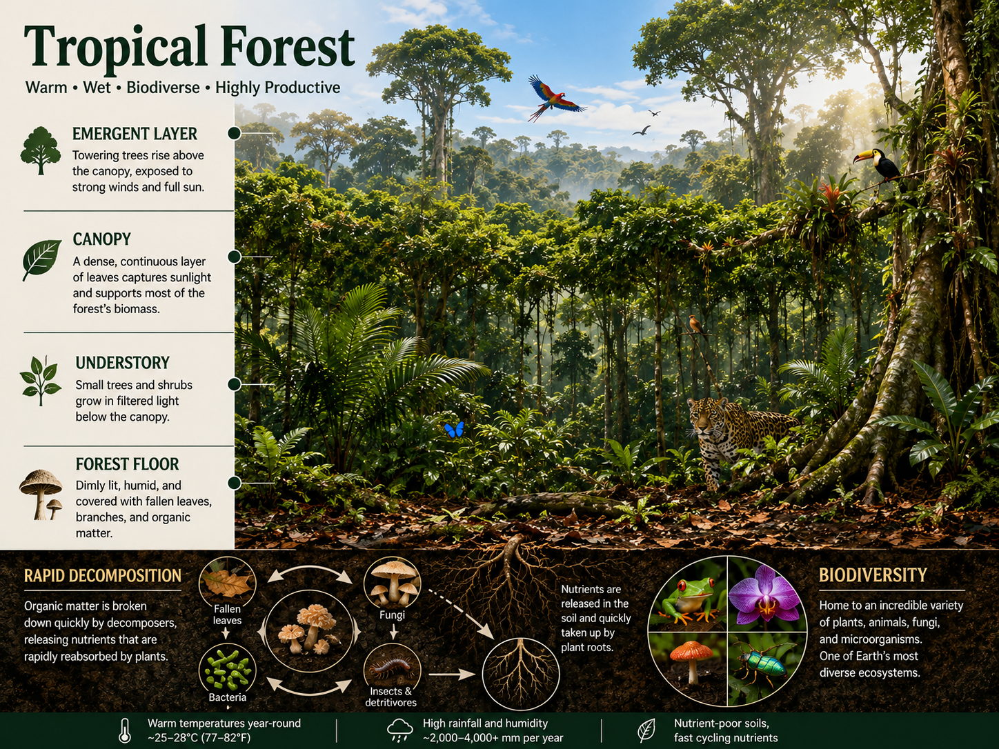 A tropical rainforest cross-section shows emergent trees, dense canopy, understory plants, shaded forest floor, decomposers, and diverse organisms.