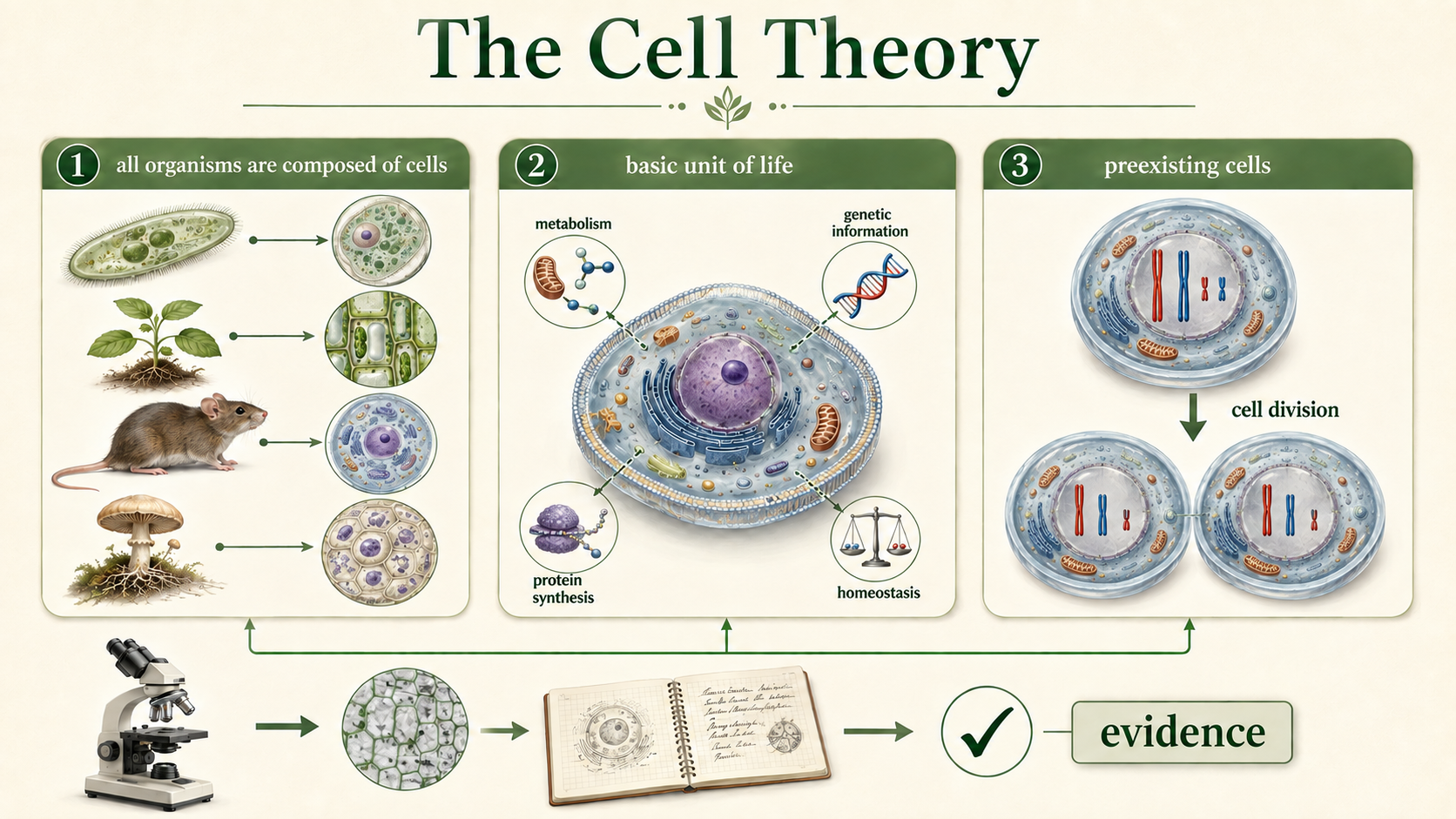 Three panels show that organisms are made of cells, cells are life’s basic unit, and cells come from preexisting cells.