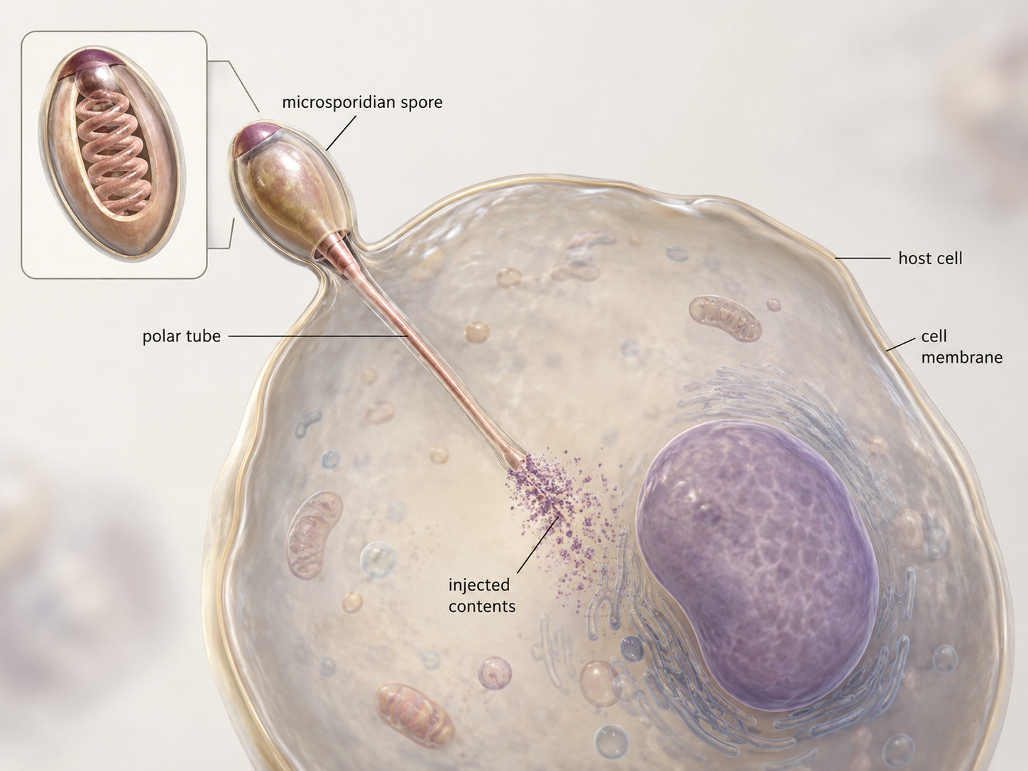 Microsporidia are unicellular fungal parasites that infect animal cells. They use a specialized polar tube to enter host cells and absorb nutrients from within the host.