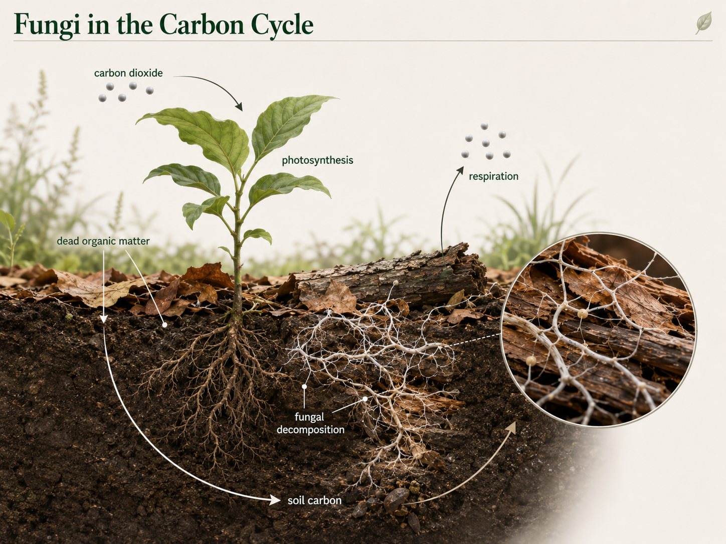 Fungi and the Carbon Cycle. Photosynthetic organisms capture carbon dioxide and store carbon in organic molecules. Fungi decompose dead organic material, use some carbon for growth, and release carbon dioxide through cellular respiration.