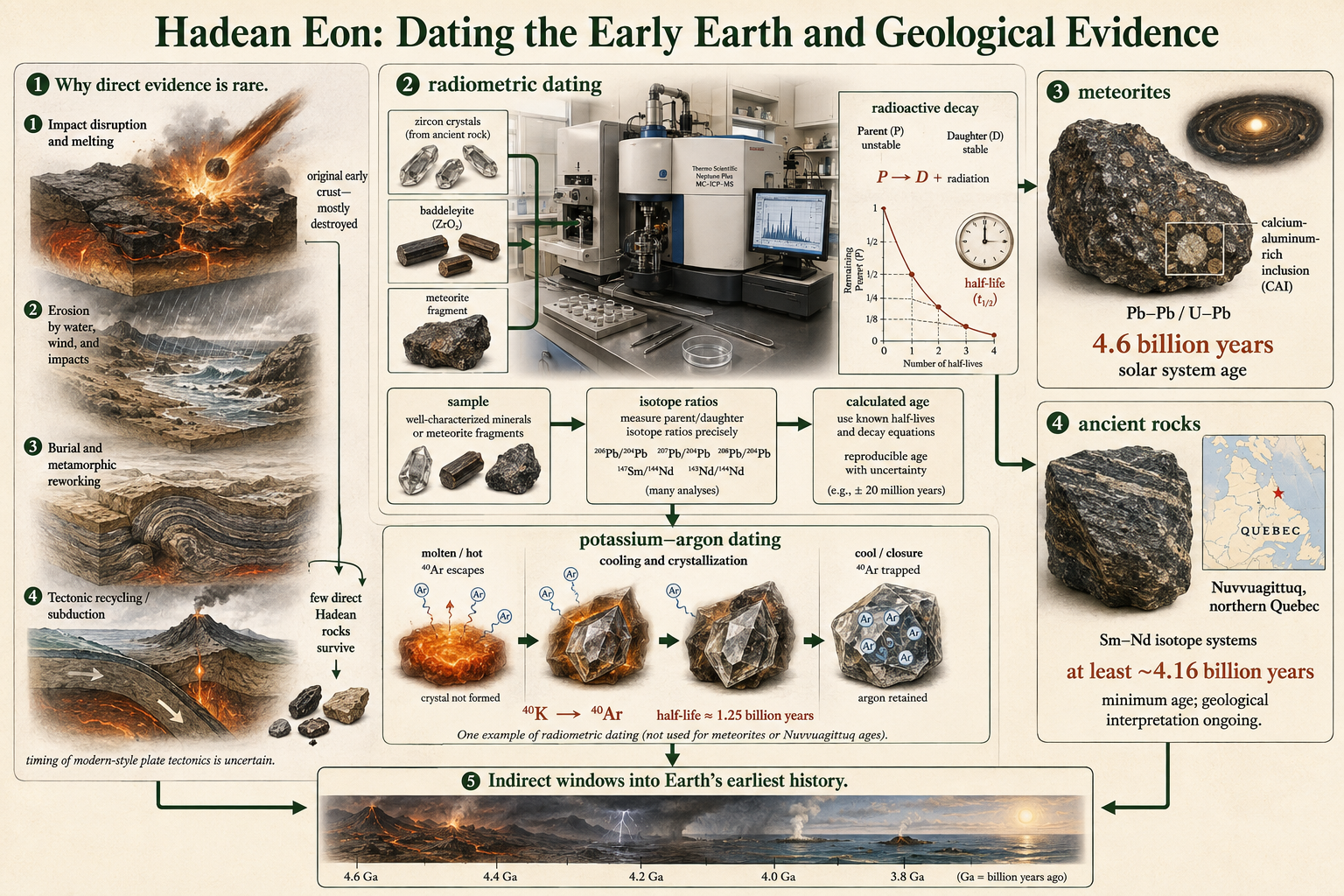 Scientists date meteorites, minerals, and ancient rocks to reconstruct early Earth despite recycled Hadean crust.