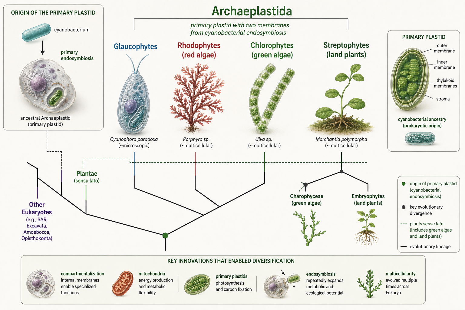 Archaeplastida includes glaucophytes, red algae, green algae, and land plants. These organisms share primary plastids descended from an ancient cyanobacterial endosymbiont.