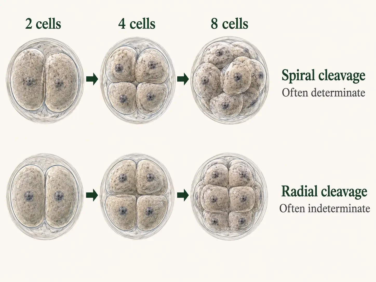 Early embryos compare spiral, often determinate cleavage in many spiralians with radial, often indeterminate cleavage in many traditional deuterostome lineages; notes emphasize that neither pattern is universal.