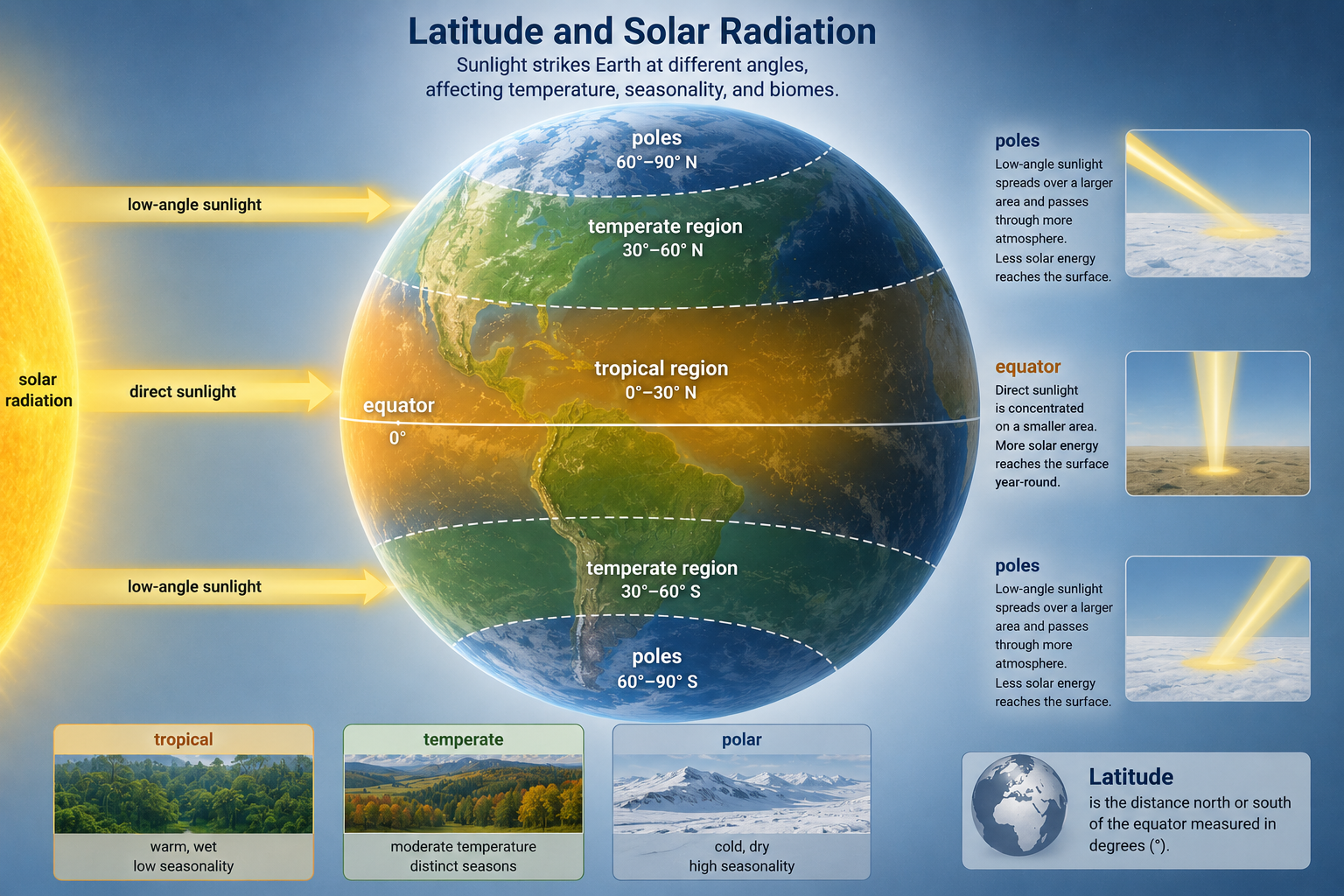 Sunlight strikes a spherical Earth. Rays near the equator are concentrated, while rays near the poles hit at a lower angle and spread over a larger area.