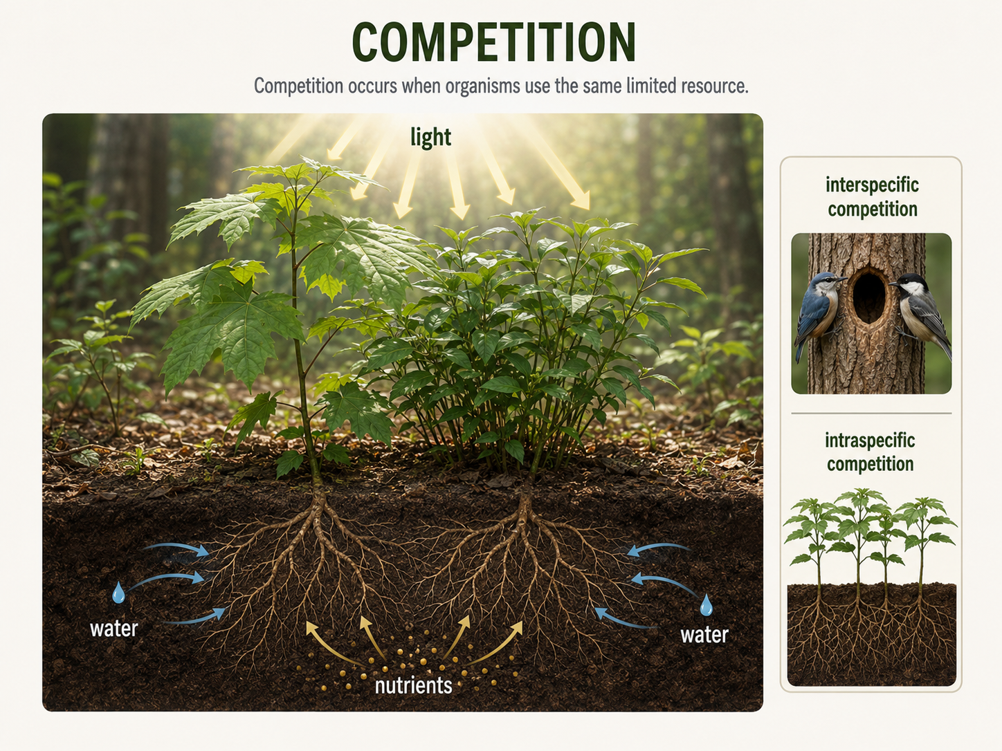 Alt text: Two plant species grow close together in a sunlit forest gap, with both roots reaching into the same soil and both canopies competing for light. Subtle arrows point to shared resources such as light, water, and nutrients.