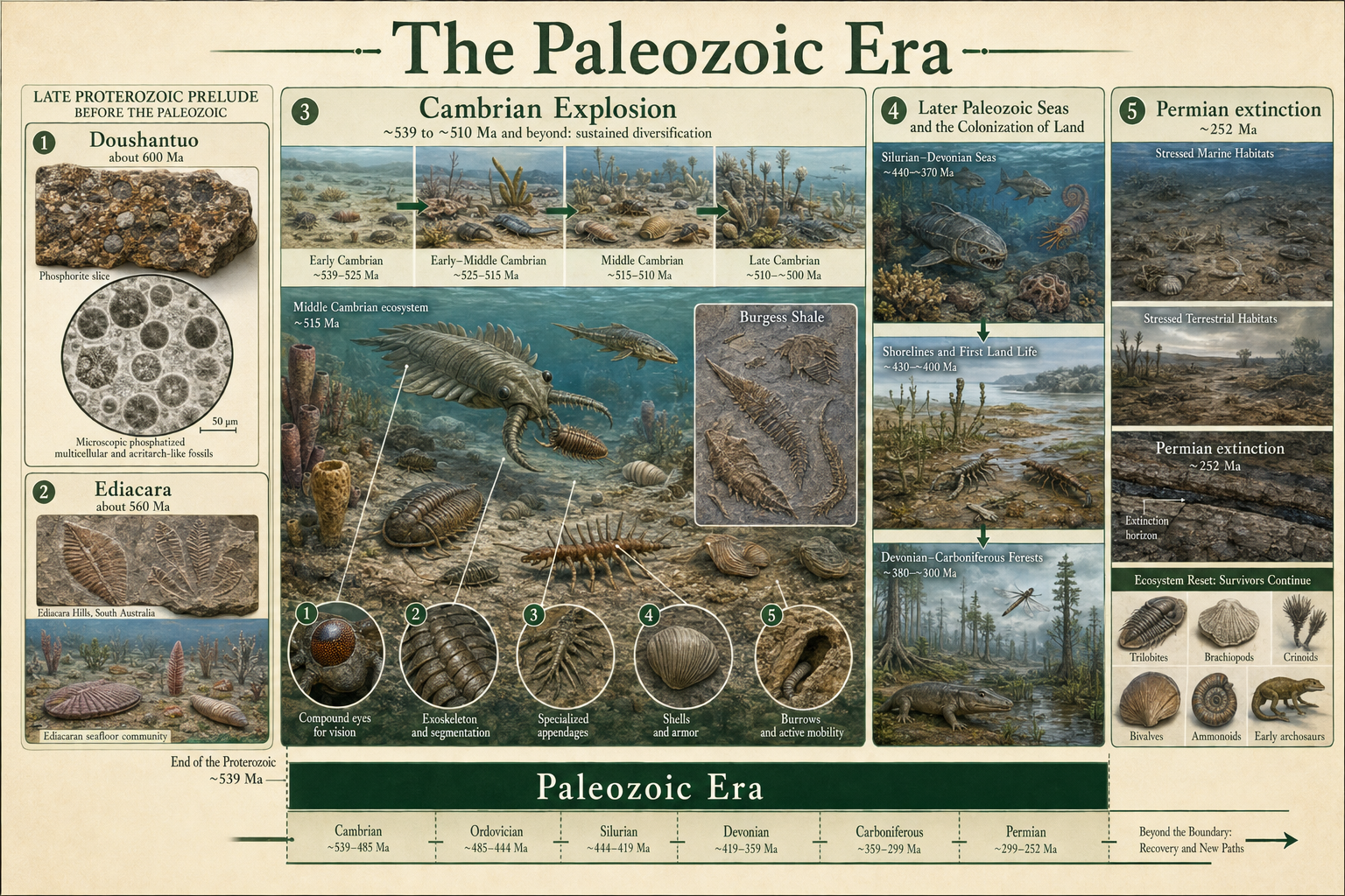 The Paleozoic timeline shows early fossil sites, Cambrian diversification, land colonization, and the Permian extinction.