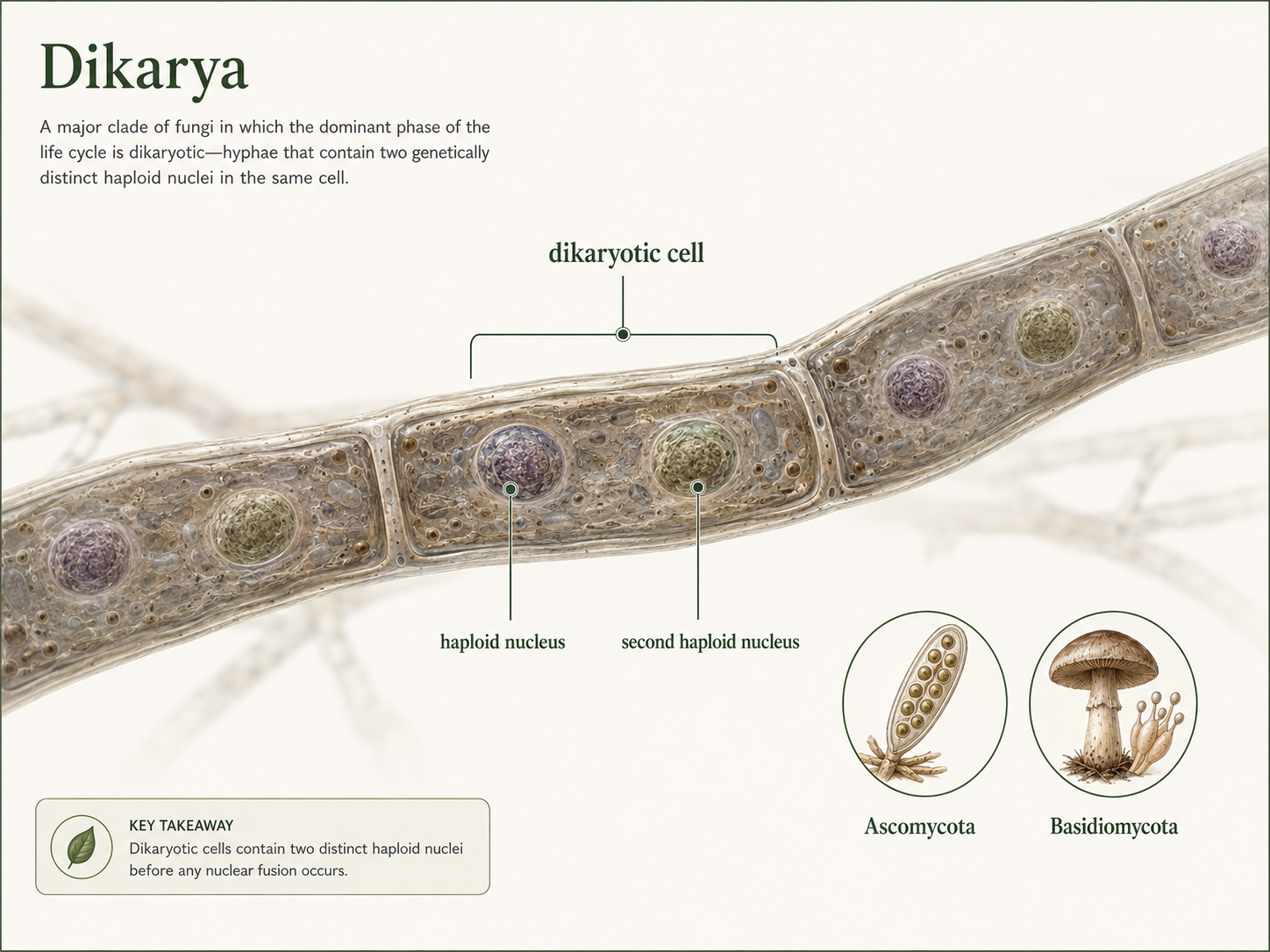 Dikarya includes Ascomycota and Basidiomycota. Members of this clade can have a dikaryotic stage, in which cells contain two genetically distinct haploid nuclei before nuclear fusion occurs later in reproduction.