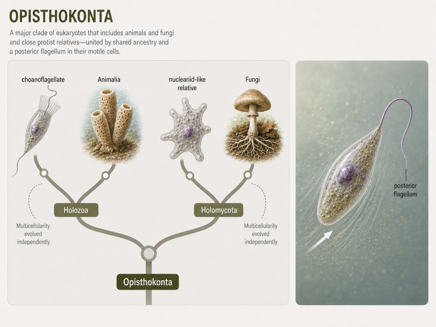 Opisthokonts include animals, fungi, and their close protist relatives. Many have cells with a single posterior flagellum, and the group contains two independently multicellular lineages with very different feeding strategies.