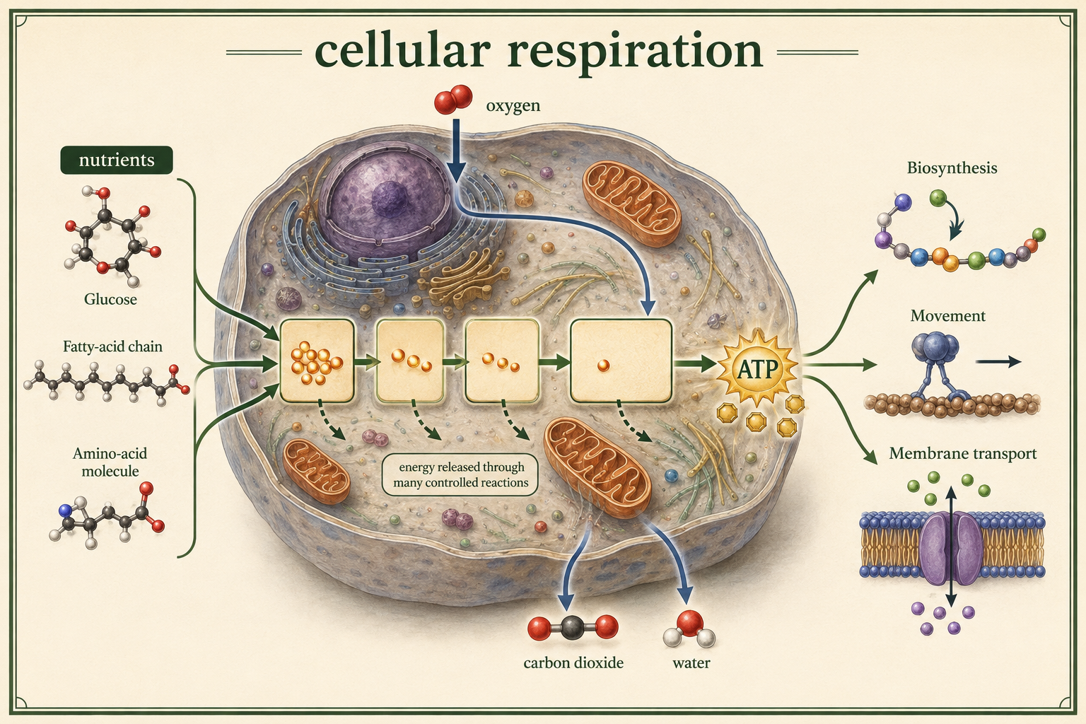 A cell breaks down nutrients with oxygen to produce ATP, carbon dioxide, and water for cellular work.